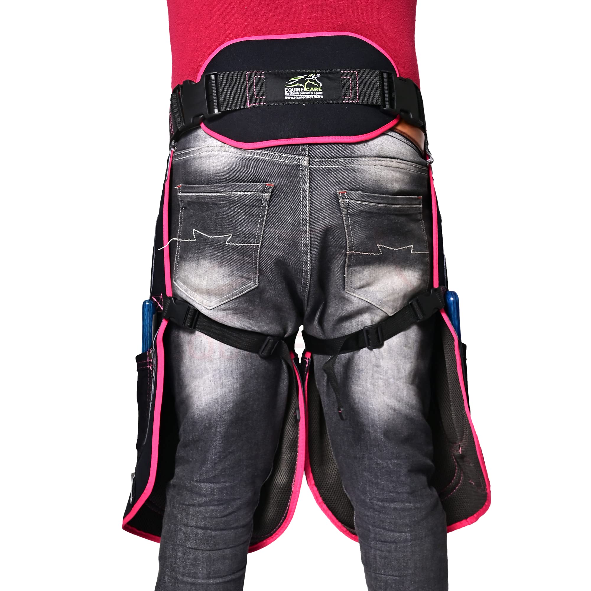 Equine Care Tablier de maréchal pour femme – Cuir de vachette et toile – 4 poches pour couteau à sabot, 2 aimants, support dorsal, taille réglable de 71,1 à 132,1 cm – Outils de maréchal pour