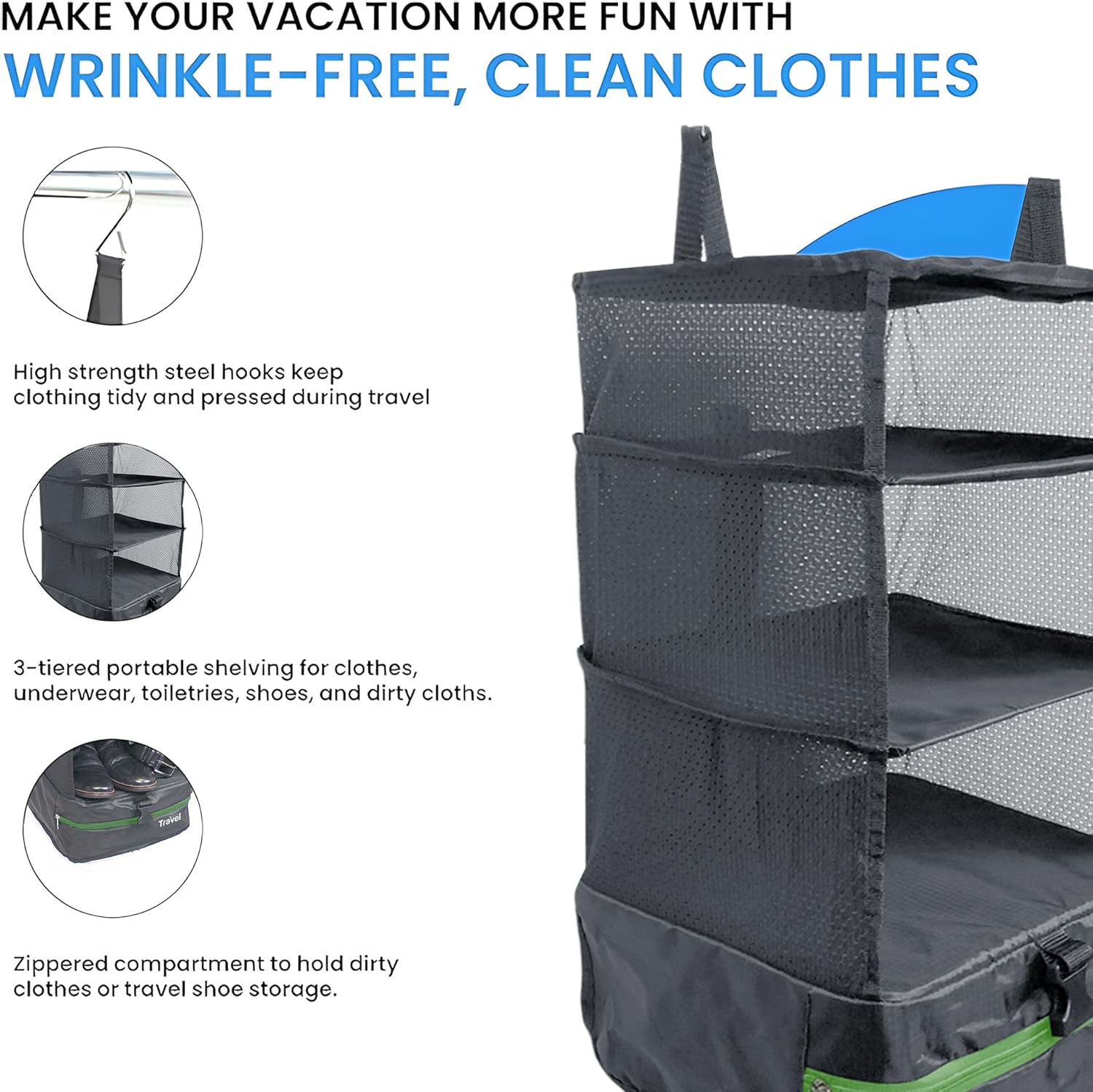Grand Fusion Stow-N-Go Packing Organizer for Luggage, Portable Hanging Travel Shelves, Carry-On Closet, Hanging Packing Cubes, Collapsible Carry-On Organizer for Cruises & Hotels. Dark Gray - L - Image 8