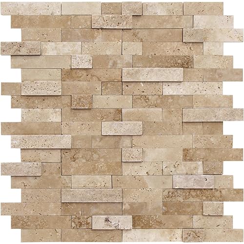 SUNWINGS Peel and Stick Mosaic Natural 3D Stone Self Adhesive Tiles, 12" x 11" 5-Sheet Stick on Backsplash for Kitchen Bathroom Fireplace Vanity, Beige