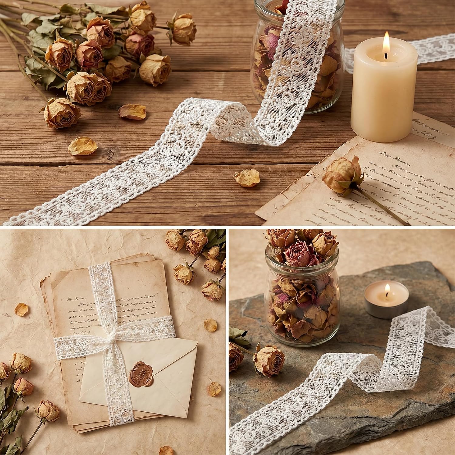 Ouligay White Lace Ribbon, 5 Yards White Lace Trim, Vintage Eyelet Lace Trim, 1.5inch Flower Ribbon Lace, Floral Embroidered Ribbons for Gift Wrapping Sewing Crafts Wedding Dress Decoration(Beige)