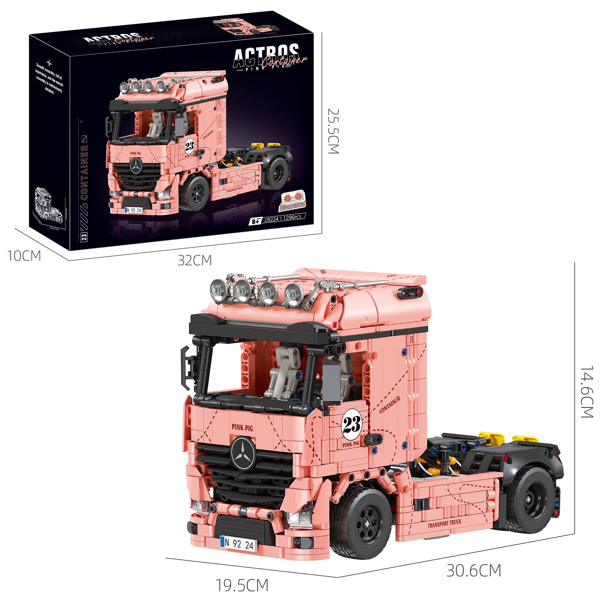 Technik Actros LKW Klemmbausteine Set für Erwachsene, 1296 Teile City Serie Lastwagen Bausteine Bausatz, Pink Pig Serie LKW Klemmbausteine für Idea Geschenk (Dynamische Version)