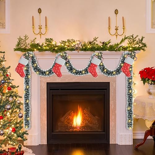 Miniatura 6 de Guirnalda de oropel de Navidad de 50 pies, decoración metálica brillante para árbol de Navidad, hogar, escaleras, barandilla, puerta delantera,