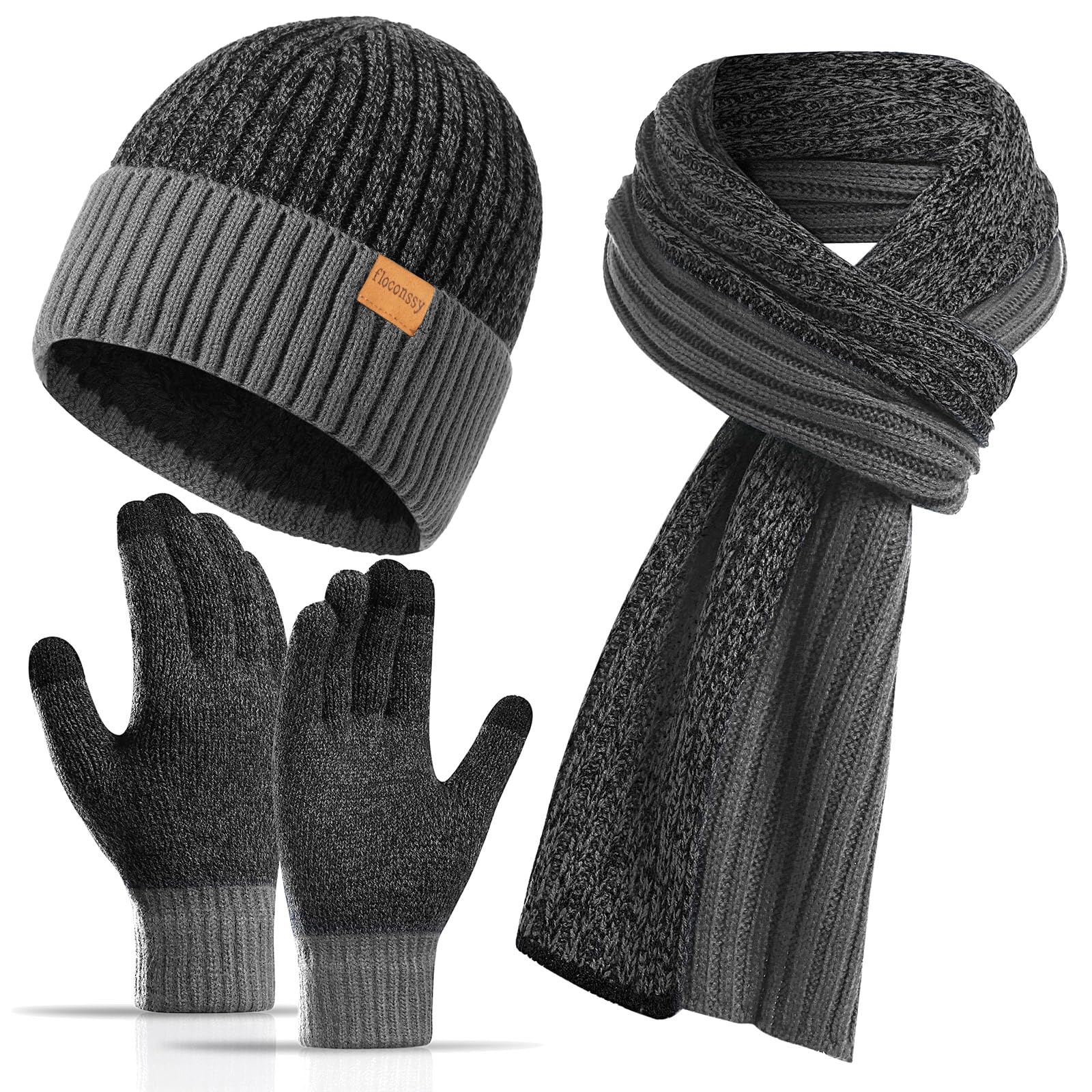 floconssy Men's Winter Hat Scarf Gloves Set, 3 PCS Thermal Gears for Men