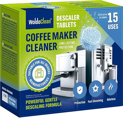 WoldoClean Limpiador de máquinas de café y tabletas descalcificadoras para 15 usos, compatible con Nespresso, Keurig, Ninja, Delonghi, Miele y