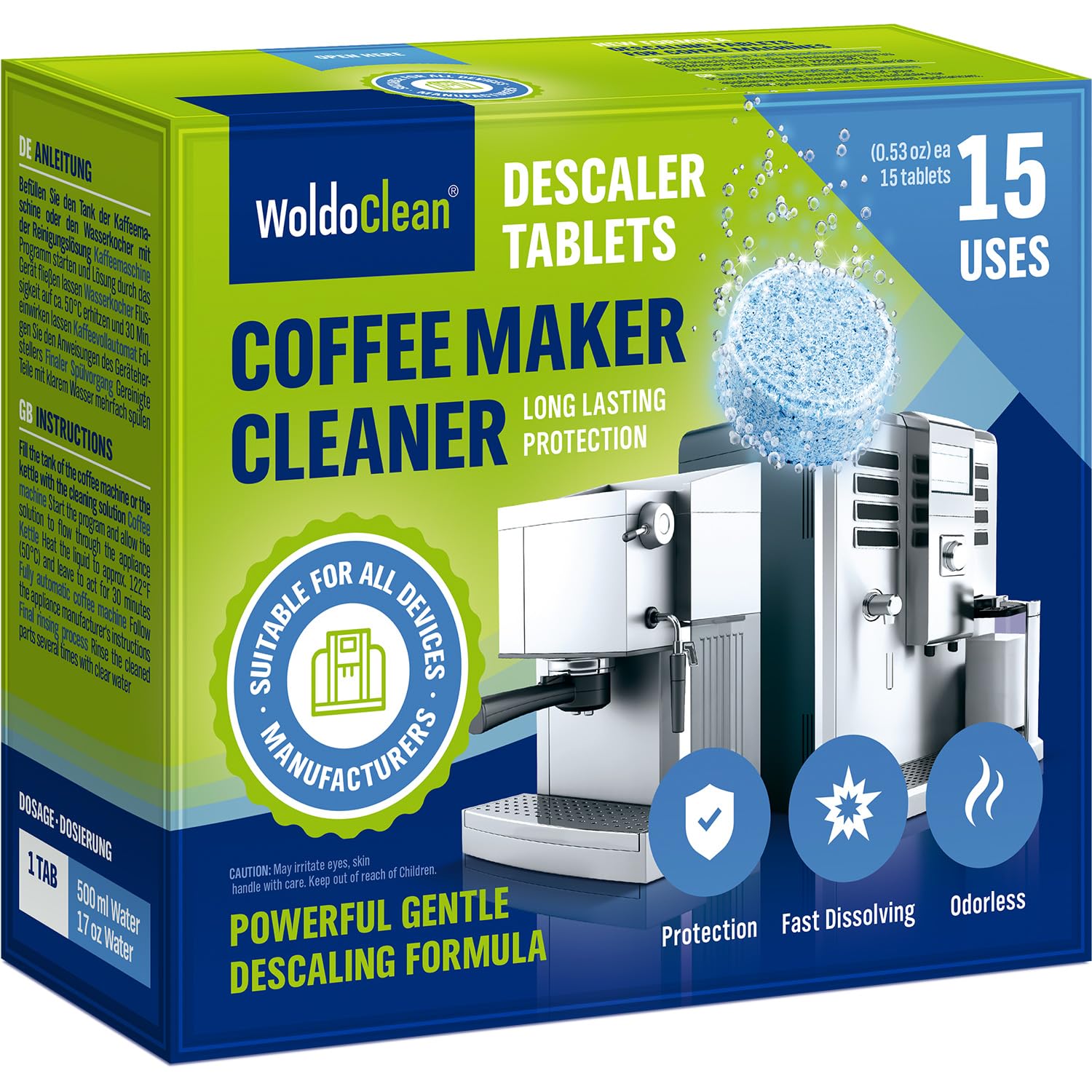 Descaling Tablets for Coffee machines and Kettle 15x 16g - compatible with Tassimo, Delonghi, Dolce Gusto, Bosch, Nespresso