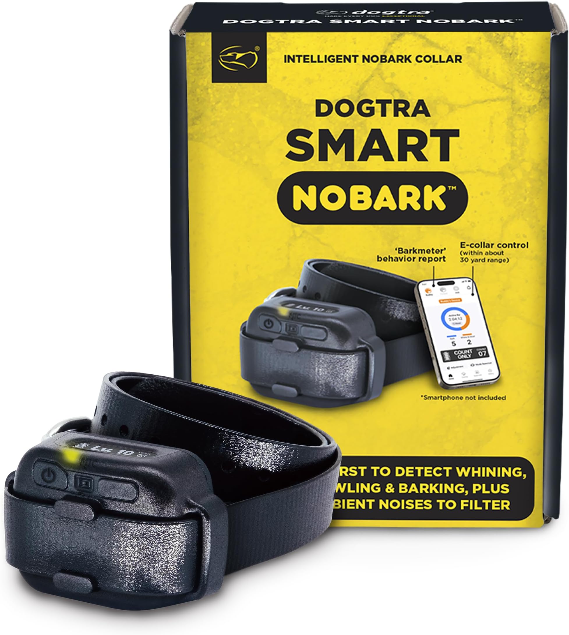 Dogtra Smart NOBARK E-Collar Waterproof, Medium Output with 10 Levels, Barkmeter Report via Smartphone, Detects Barking Types, 30 Yard Range, Compact Size for 10 lbs Dogs