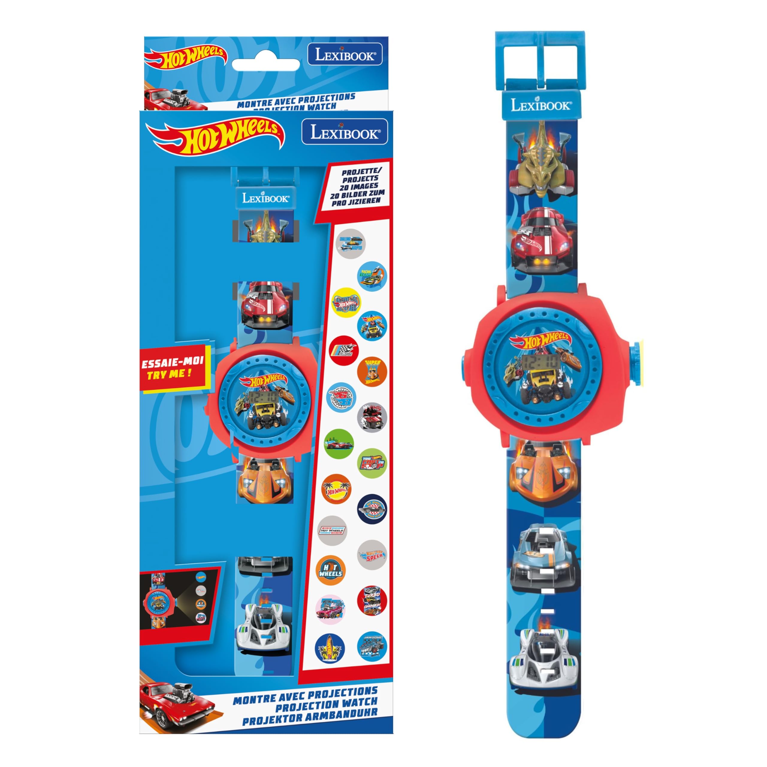 LEXIBOOK, Hot Wheels, Adjustable projection watch with digital screen, 20 Hot Wheels images, for Children, Blue, DMW050HWLXB