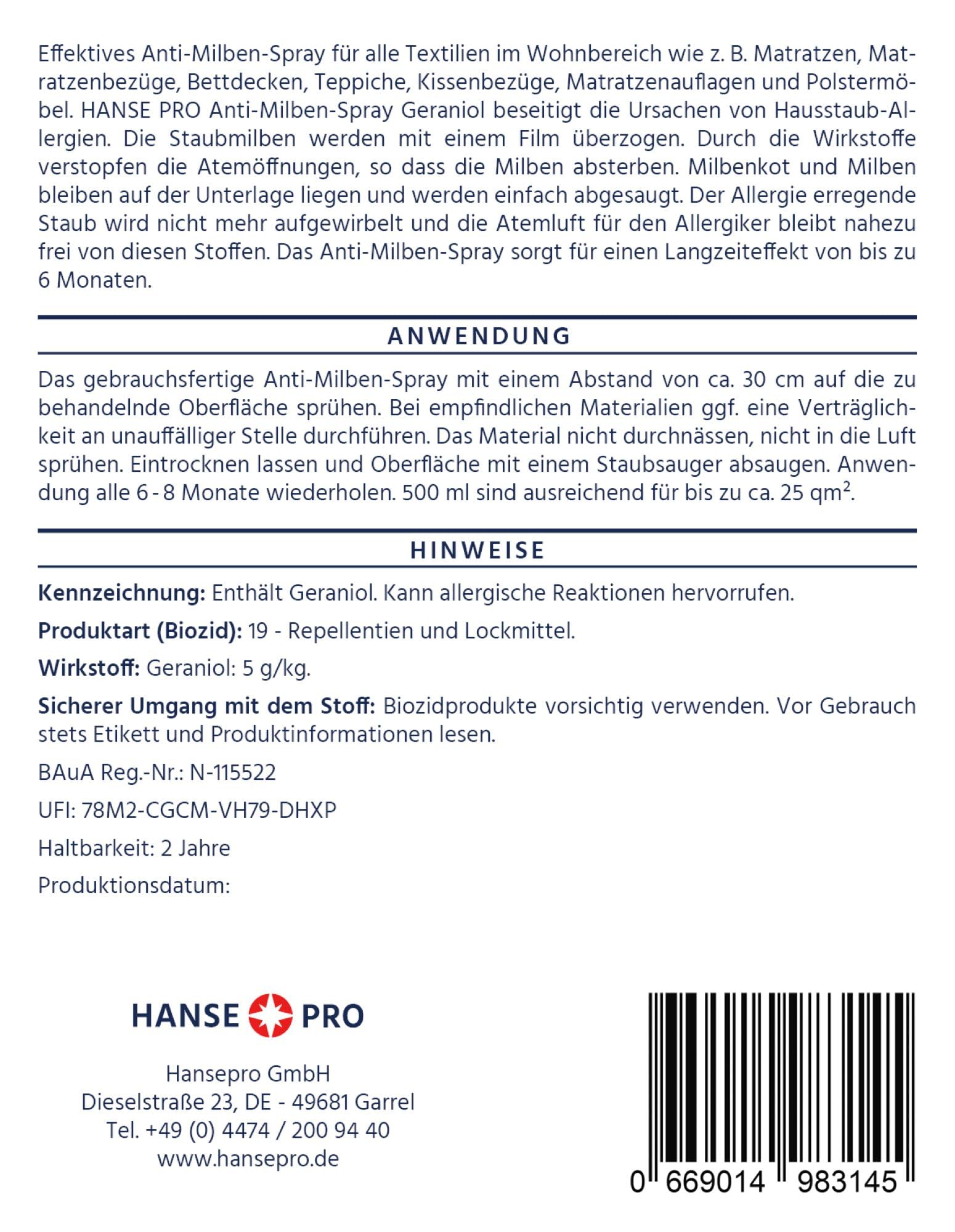 HANSE PRO Geraniol Anti-Milben-Mittel, 5 Liter Kanister I Hausstaub-Spray I Milbenschutz I hochwirksames Spray gegen Milben- & Bettwanzen I Hausstaubmilben-Allergie I Milbenbekämpfung