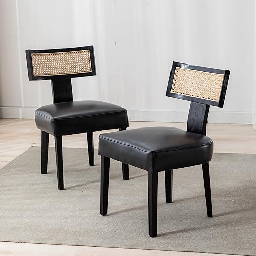 Miniatura 4 de Wahson Juego de 2 sillas de cocina y comedor con respaldo de bastón, silla de comedor tapizada de piel sintética retro con patas de madera negra,