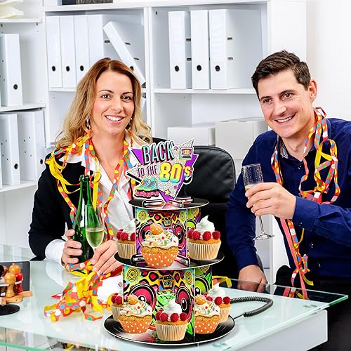 Miniatura 6 de Zopeal Soporte para cupcakes de 3 niveles de los 80, decoración de fiesta, retro, de los años 80, hip hop, soporte para tartas de regreso a los 80,