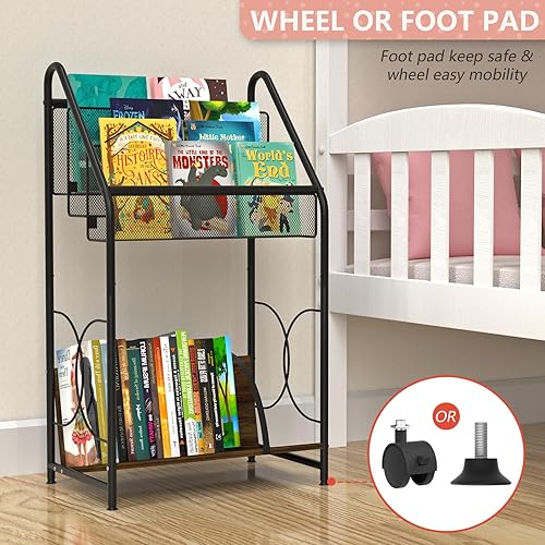 Miniatura 3 de Estantería para libros, 4 niveles de metal y madera con ruedas, armario de registro para tocadiscos de revistas de libros, soporte para discos de