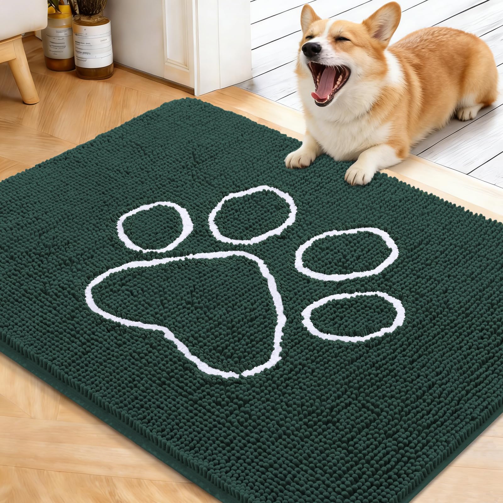 OLANLY Door Mat for Muddy Dog Paws 40x32, Absorbent Chenille Mud Doormat with Paw Print Design, Non-Slip Washable Doormat for Indoor Entryway, Quick-Dry Pet Bed Mats for Dirty Dogs, Blackish Green — image 1