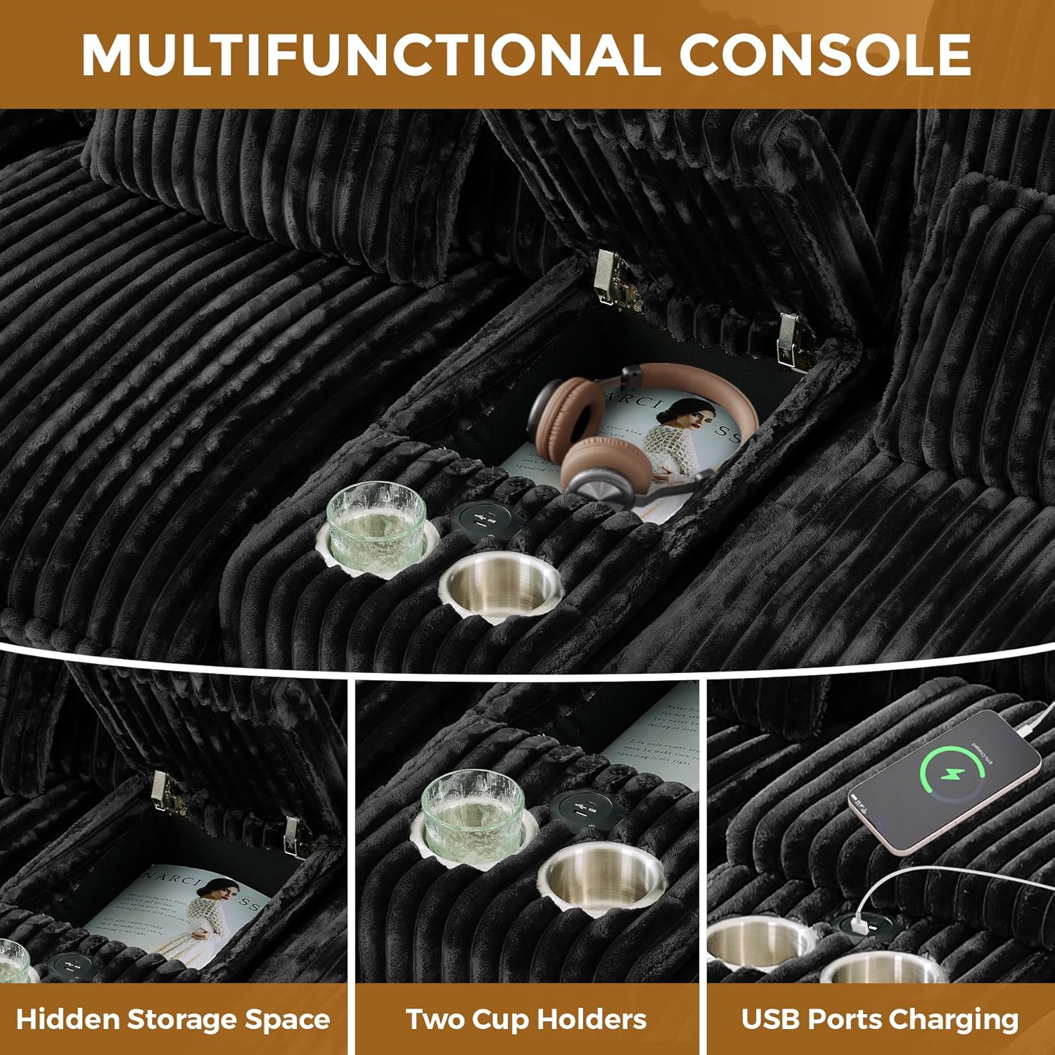 HYJT-H&K 124" U Shaped Cloud Couch Sectional, Comfy Fluffy Plush Corduroy Black Sectional Couches for Living Room, Modern Modular Corduroy Couch Sectionals with Central Console & Double Chaise Lounge 124" Black