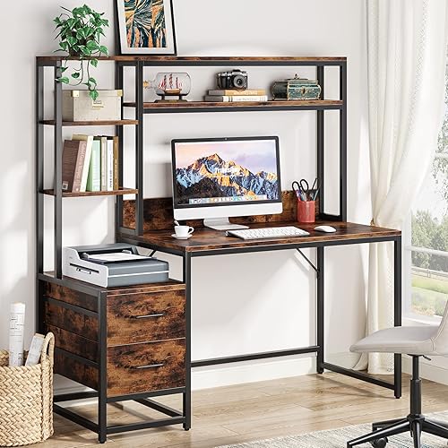 Tribesigns Escritorio para computadora de 55 pulgadas con 2 cajones y estantes de almacenamiento, escritorio de oficina rústico con hutch, mesa de