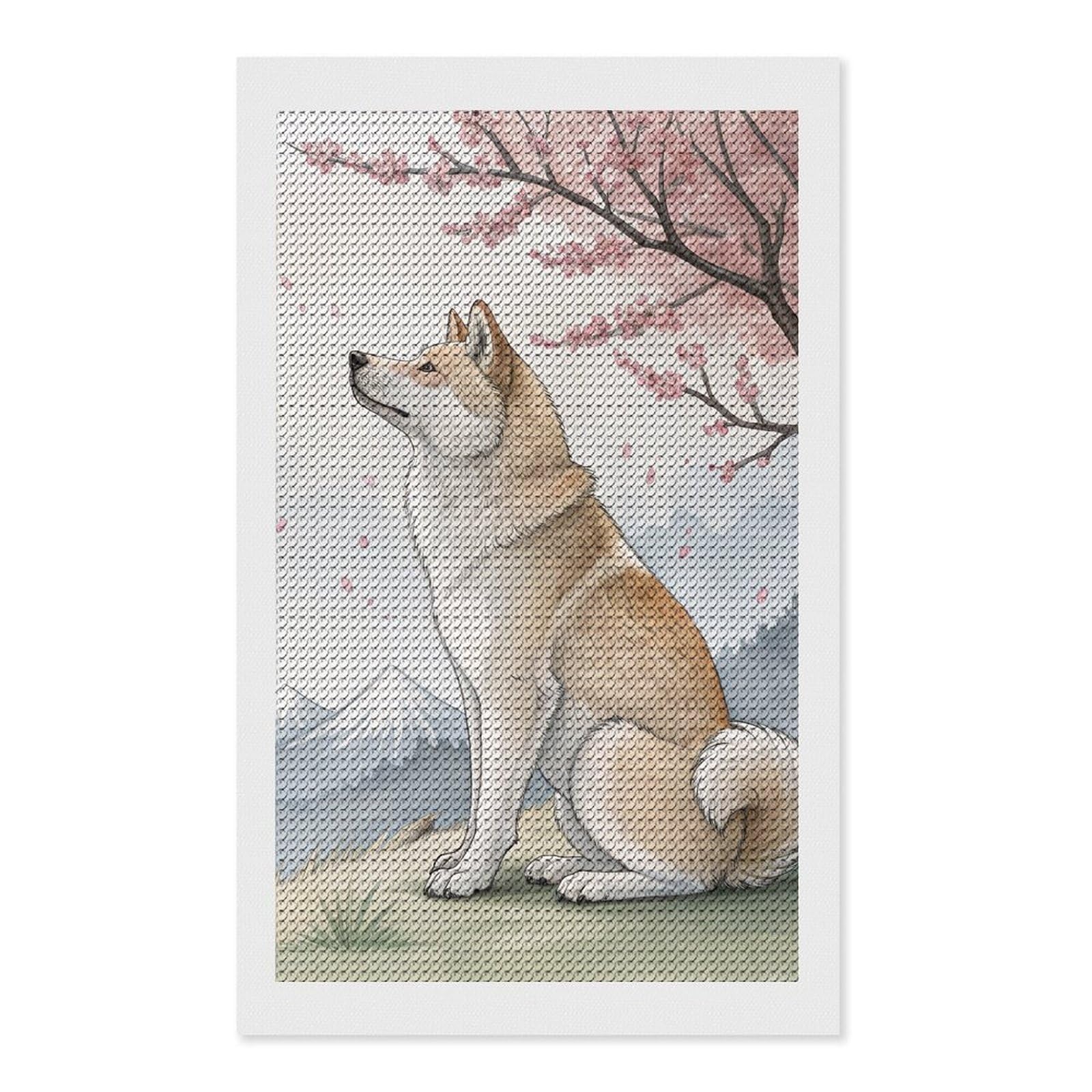 Junmoney Akita Dog Under Cherry Blossoms Round Drill Diamond Painting 12"x20", for Women, Relaxing DIY Hobby, Bedroom Decor, Christmas Gift, Adhesive Canvas