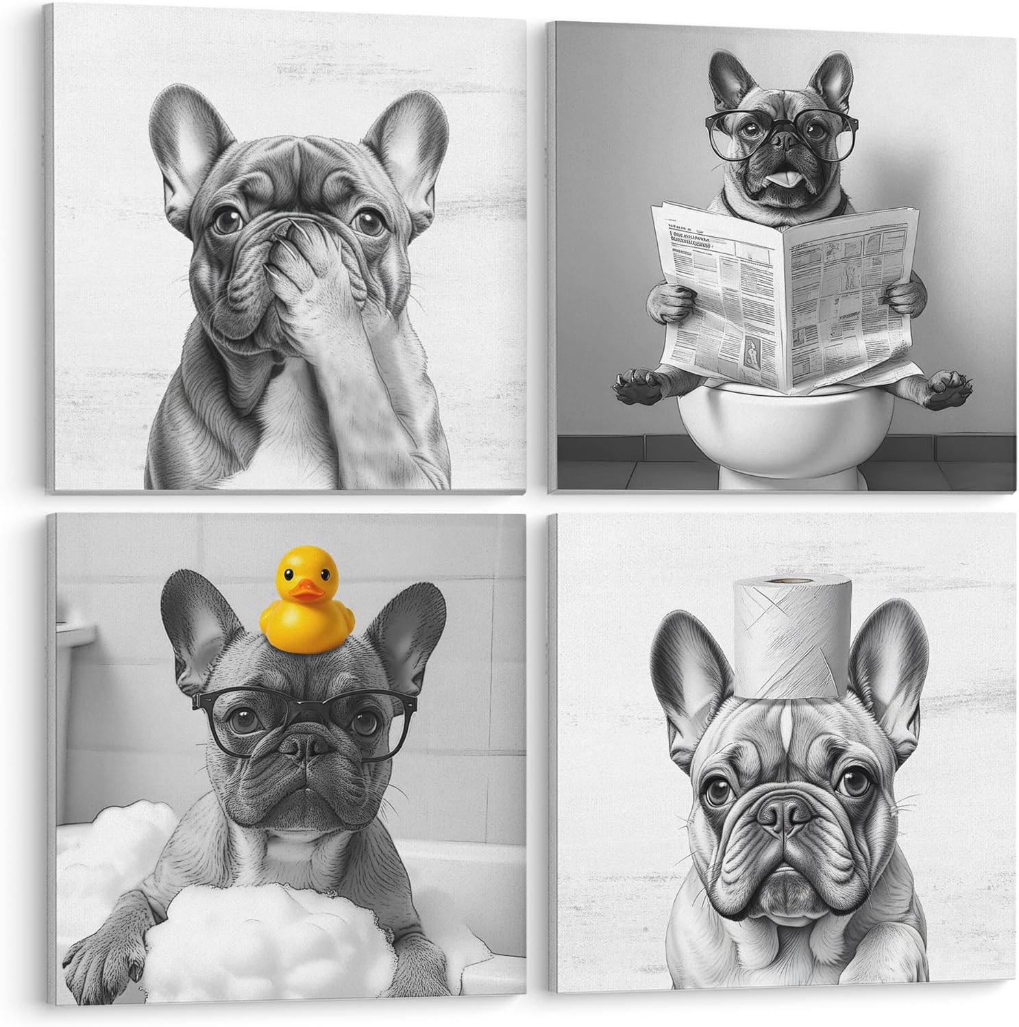 LUKIPOM Funny French Bulldog Bathroom Wall Art Canvas Prints Set of 4, French Bulldog Decor, Funny Frenchie Dog Wall Art Posters for Bathroom Washroom Restroom Decor,8x8Inch Framed