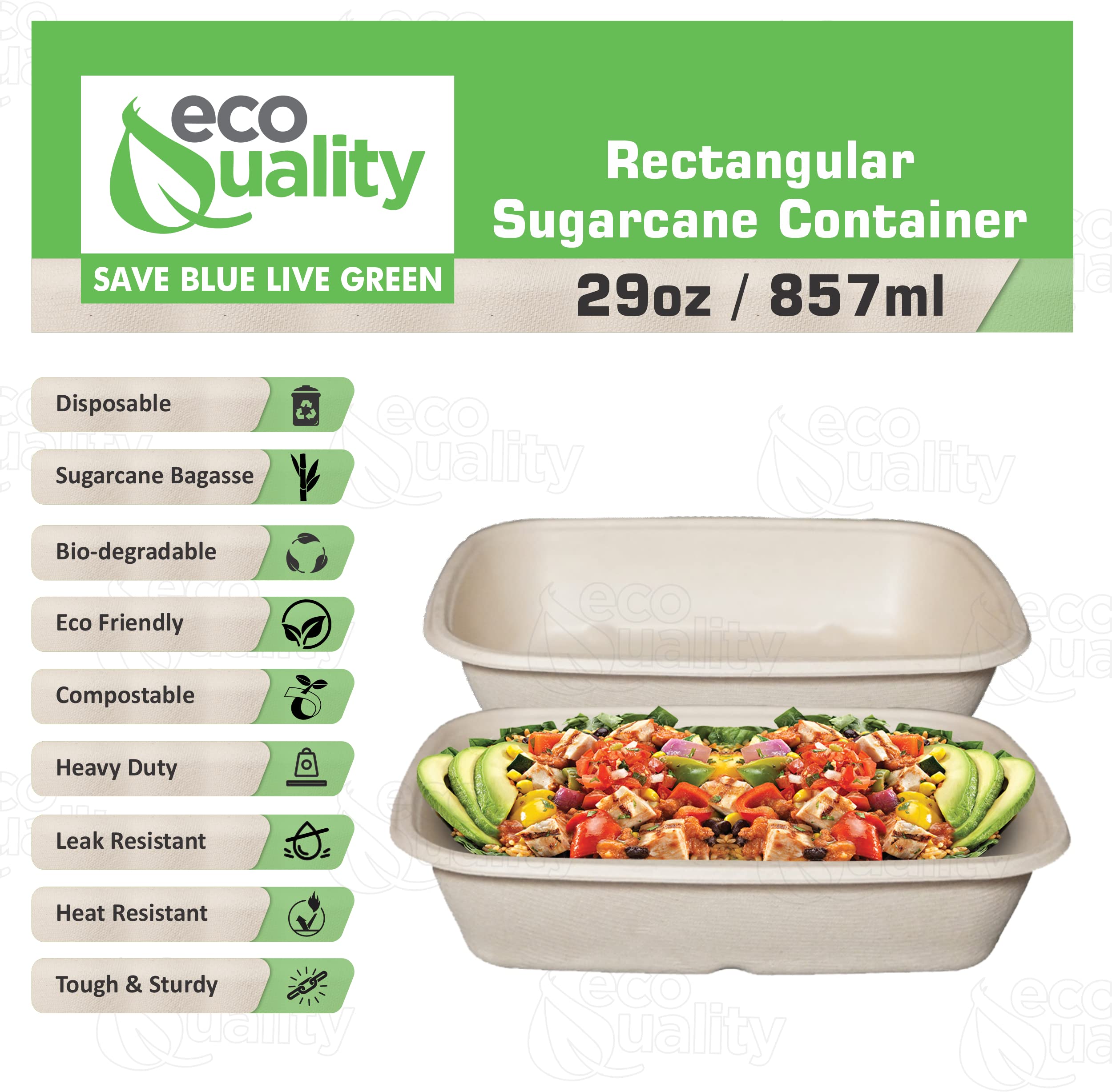 EcoQuality 29oz Disposable Bowls - Rectangular Compostable Sugarcane Fiber Biodegradable Paper Bowls Eco-Friendly Oblong Take Out Food Containers, Food Storage, Microwave Safe, Meal Prep (25 PACK)