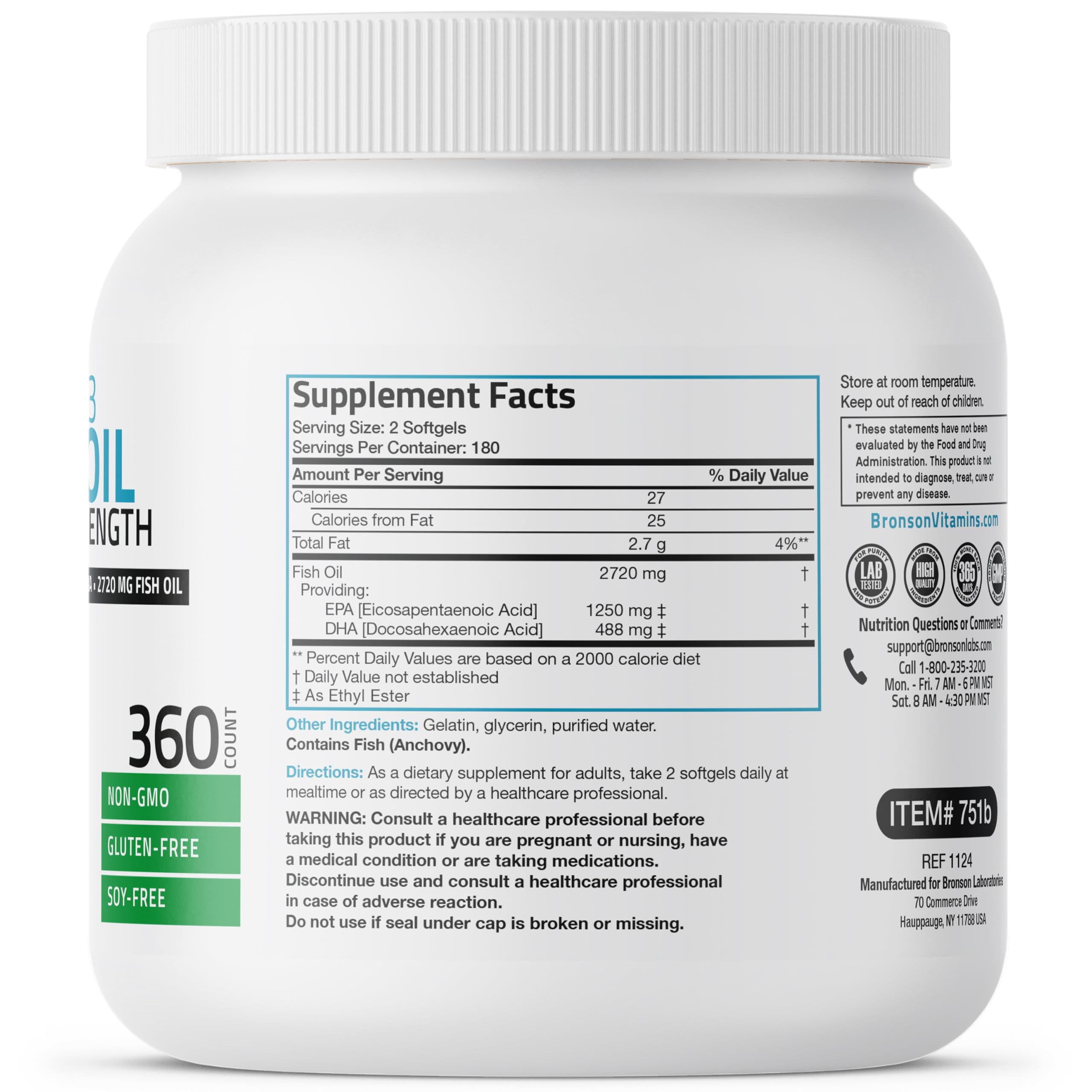 Bronson Omega 3 Fish Oil Triple Strength 2720 mg, High EPA 1250 mg DHA 488 mg, Non-GMO Heavy Metal Tested, 360 Softgels