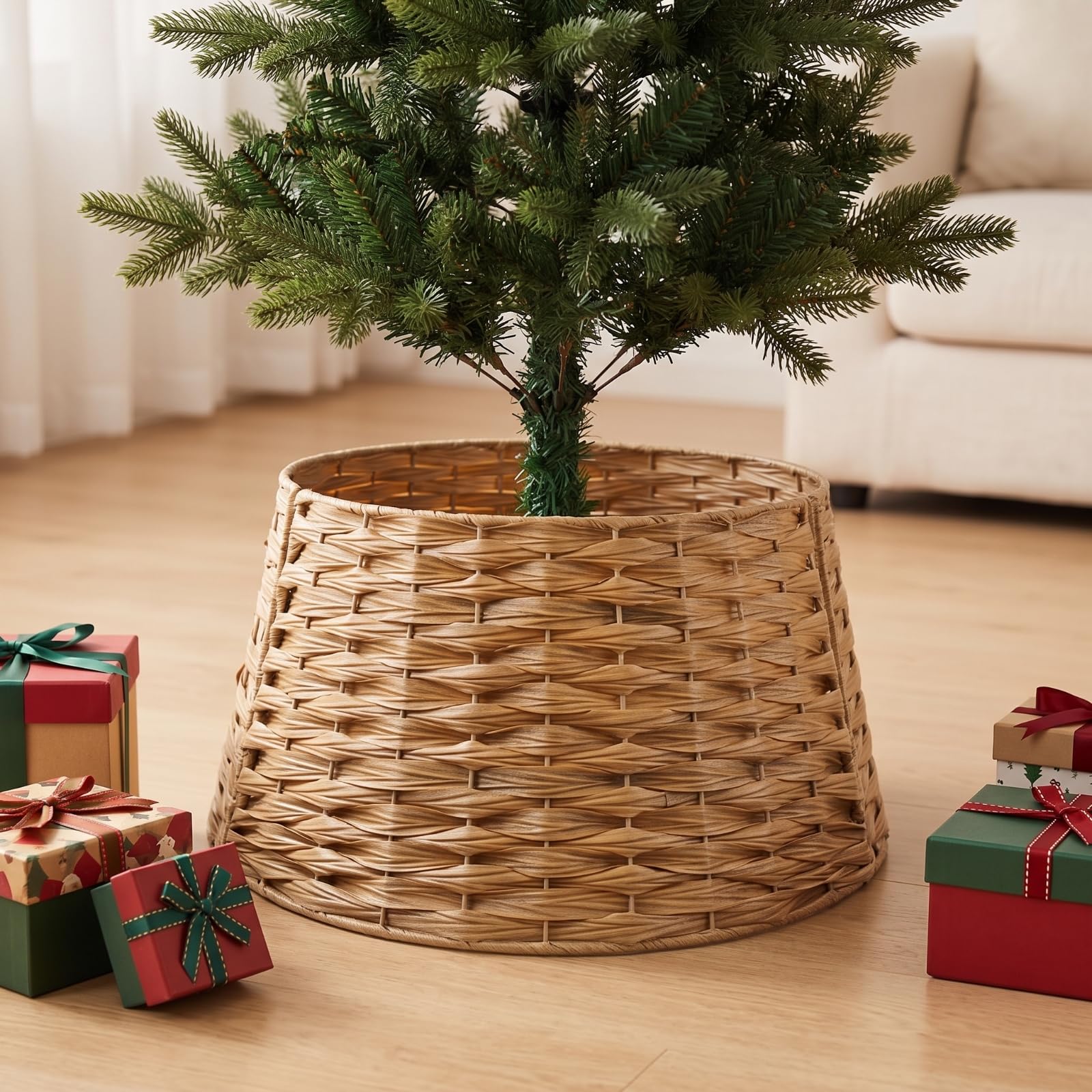 Copri Base Albero di Natale con Motivo Intrecciato da 40 Cm a 53 Cm Alto 26 Cm per Supporto Metallico Cavi in Soggiorno Camera da Letto