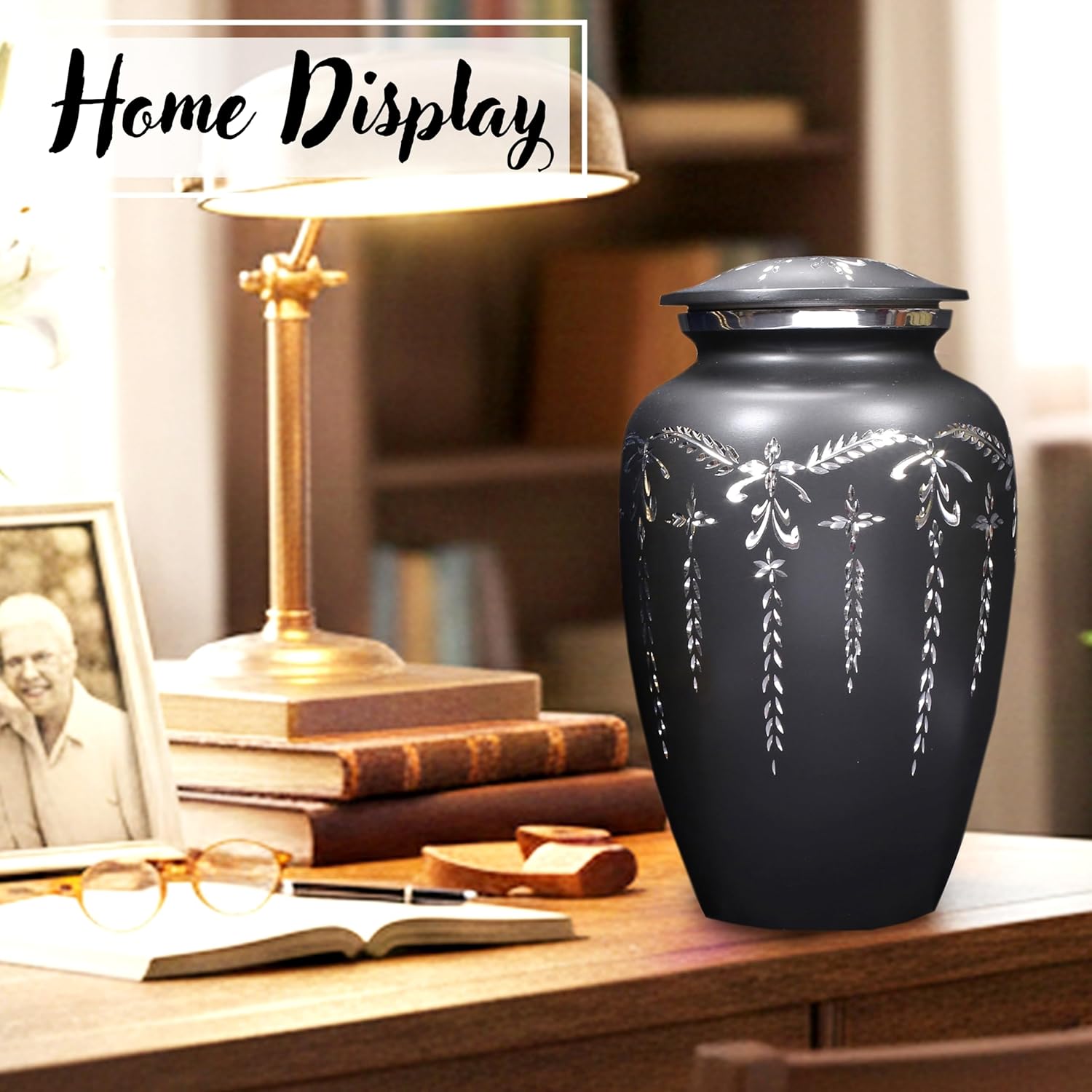 ALPHA Living HOME Engraved Aluminum Urn for Ashes Adult Male - Female, Black Silver Cremation Urn for Human Ashes, Large Funeral Memorial Urn with Secure Lid, Holds Remains up to 200 lbs - Image 4