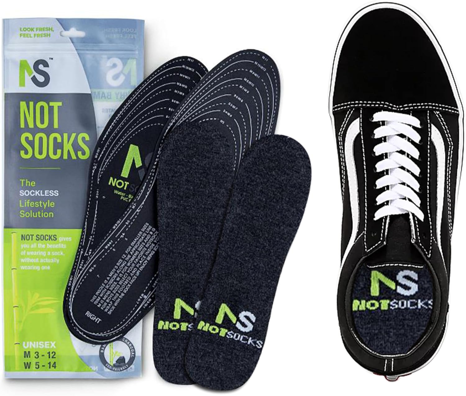 Sockless Solution Insole Socks Bamboo Charcoal Flat Odor Absorbing Insoles Socks for Shoes Sneakers – Thin Shoe Insoles Socks – Comfort Insoles for Men & Women (Black)