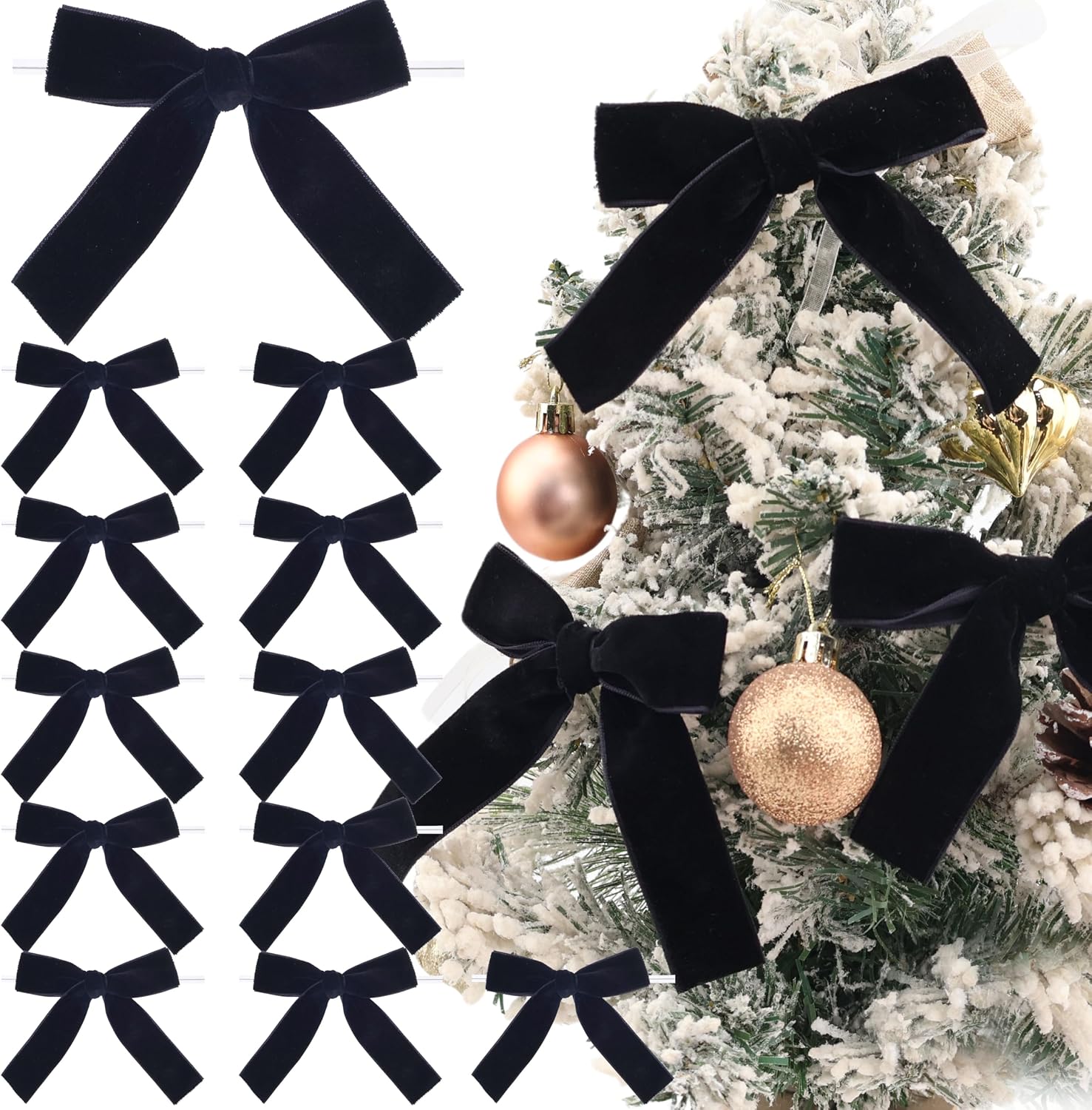 Velvet Bows Christmas Bows Twist Tie Bows 12 PCS Premade Bows for Christmas Tree,Wreaths, Gift Basket, Spring Decor, Gift Wrapping, Swag, Wedding (Black)