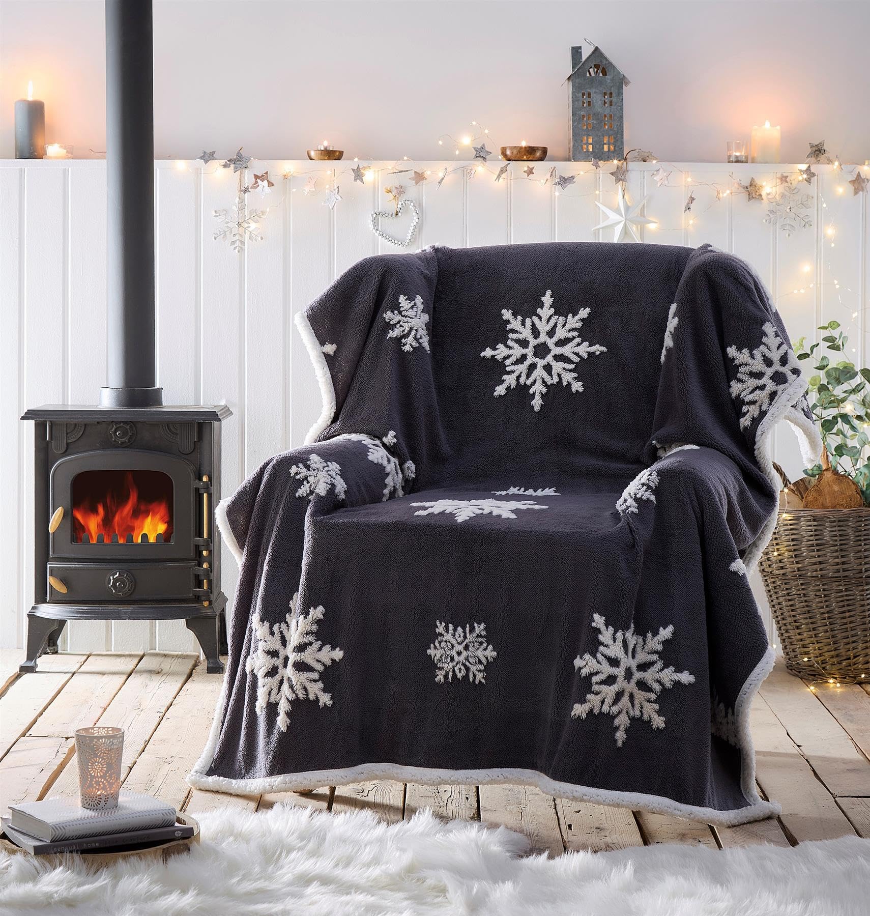 Portfolio Living Snowflake Throw Grey Fleece Blanket Reversible Sherpa 130x170cm