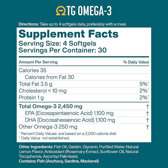 Macuhealth Omega 3 Fish Oil - 1100mg DHA, 1100mg EPA - rTG Formula | 120 softgels, 3 months supply - Eye & Brain Health Supplement, Triglyceride Formula