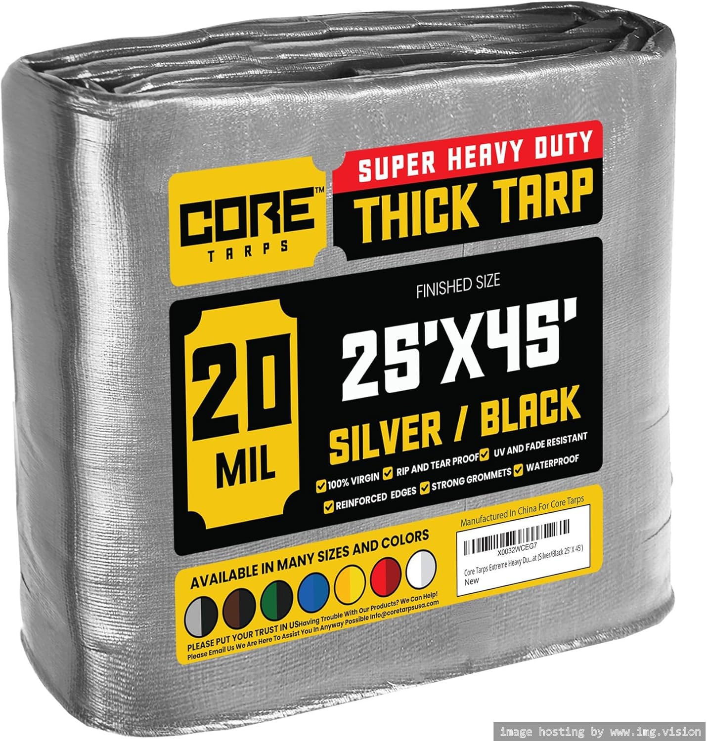 Core Tarps Extreme Heavy Duty 20 Mil Tarp Cover, Waterproof, UV Resistant, Rip and Tear Proof, Poly Tarpaulin with Reinforced Edges for Roof, Camping, Patio, Pool, Boat (Silver/Black 25 X 45)
