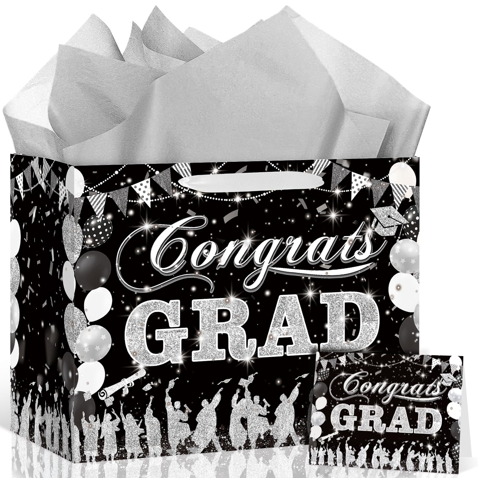 Black Silver Graduation Party Supplies 2026 Graduation Gift Bag Congrats Grad Bag with Wrapping Paper and Card Class of 2026 Wrapping Paper Bag Goodie