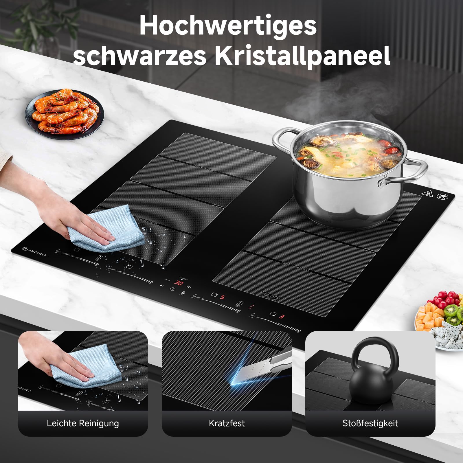 AMZCHEF Induktionskochfeld 60cm 4 Zonen 2 Flexzonen 7400W 9 Leistungsstufen Booster