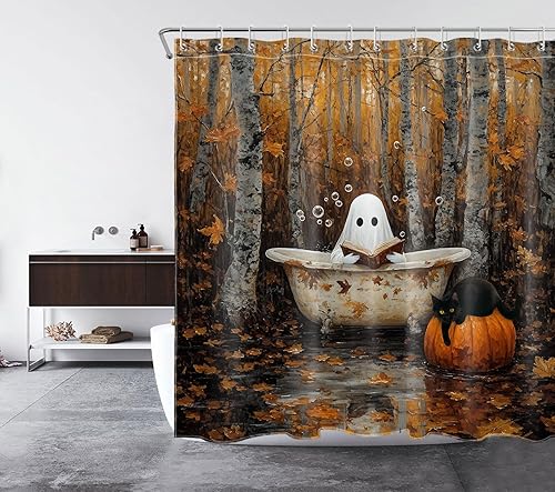 Miniatura 8 de LB Cortina de ducha de otoño para baño, divertido gato negro con fantasma en la bañera en el bosque de otoño, cortina de ducha de tela de cosecha de
