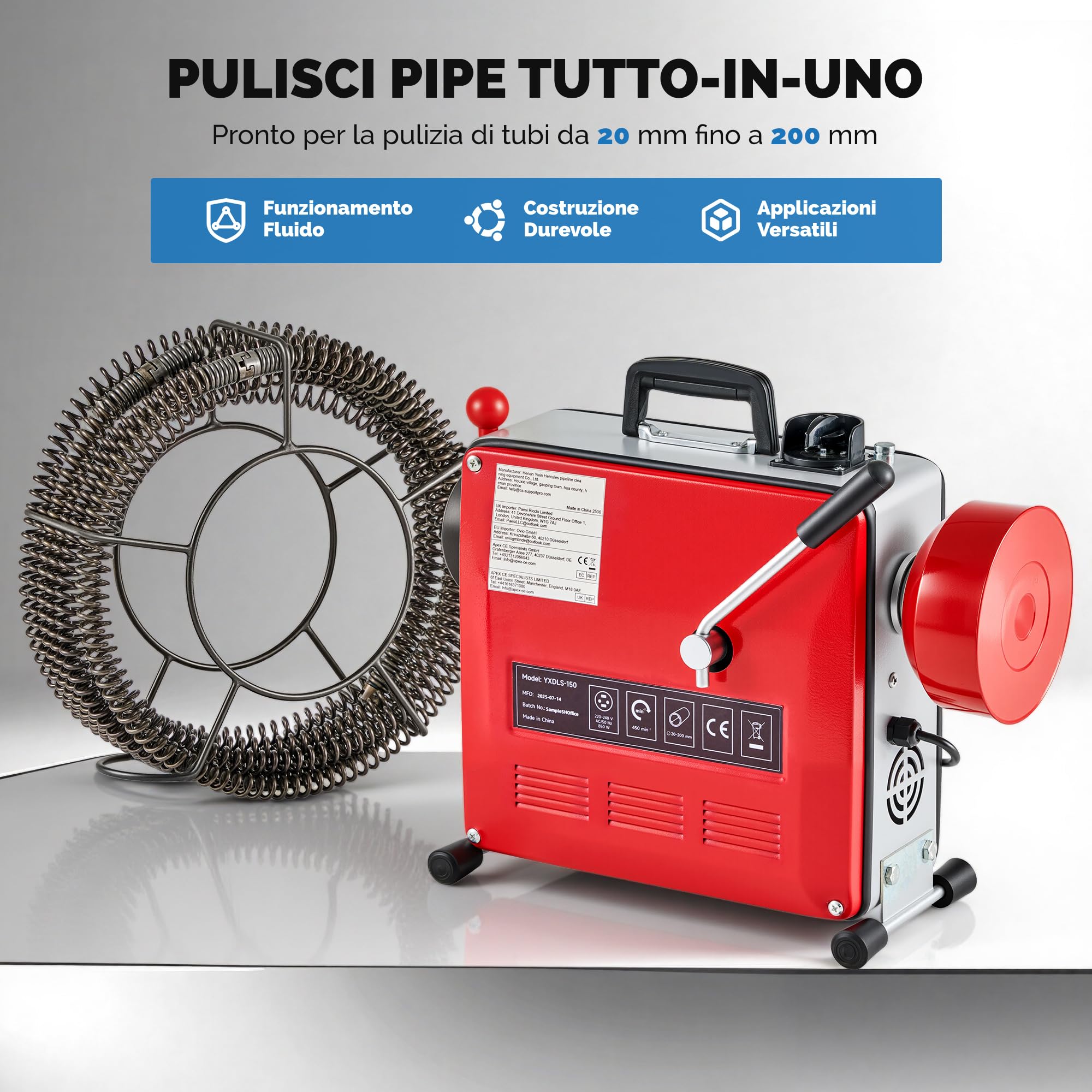 ZELCAN 850W Macchina Sturatubi Elettrica per Scarichi da 20-200mm, Coclea di Drenaggio Elettrica con Molla da 27m e 12 Testine Intercambiabili, per WC, Lavello e Tubature Industriali