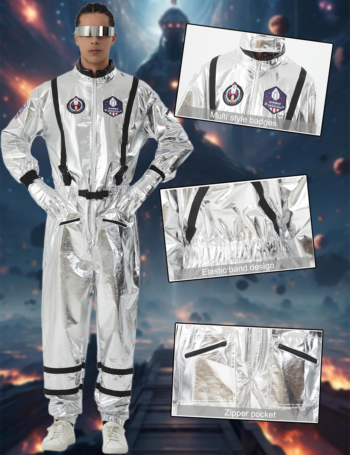 Astronaut Costume Adult Silver Space Suit Costume for Wonmen Men Halloween Spaceman Role Play - Image 4
