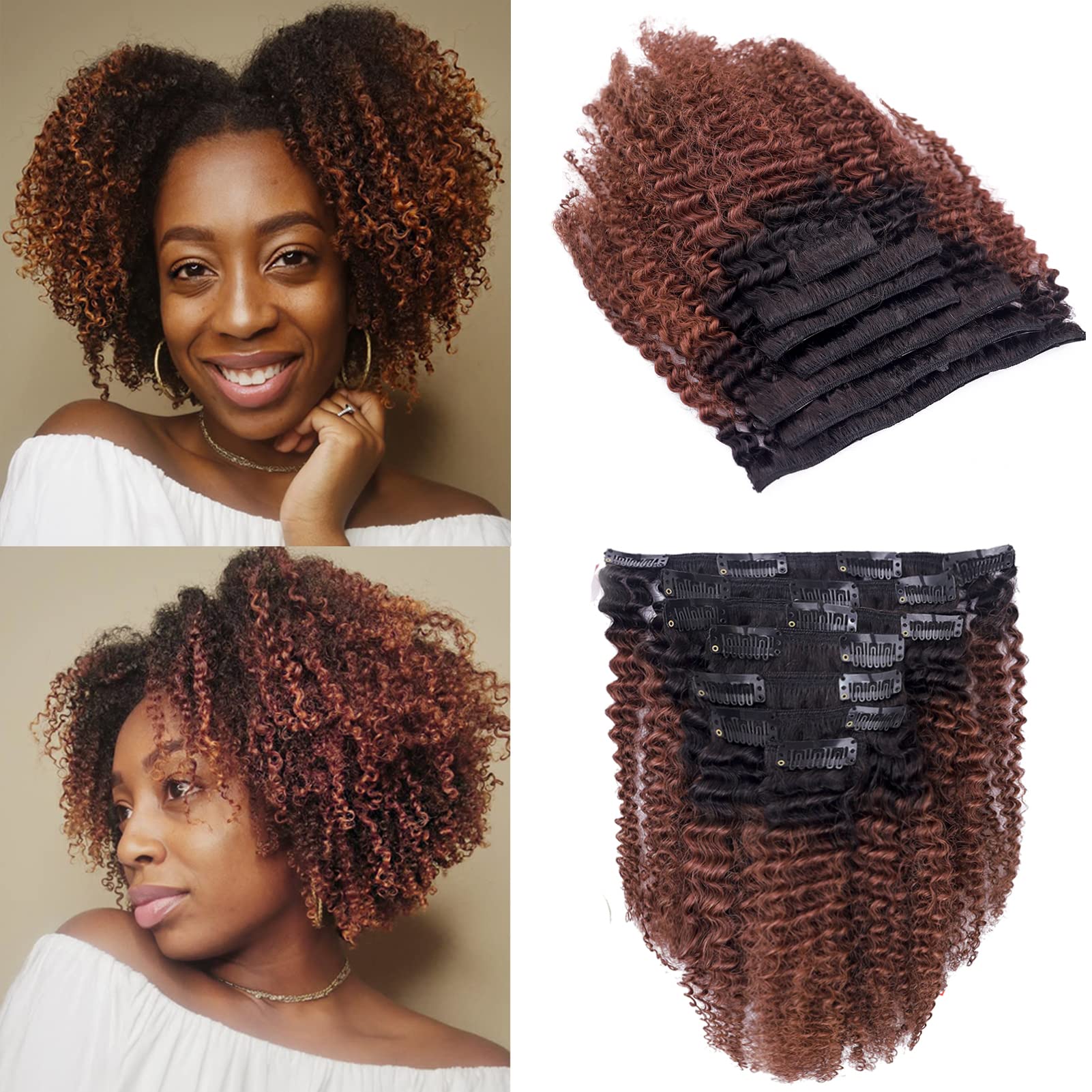 Loxxy Clip In Hair Human Extensions Remy 3C 4A Curly Clip In Hair Extensions Afro Clip In Remy Natural Hair For American African Black Women Hair Clip Ins Ombre Brown # 1b/33 16Inch