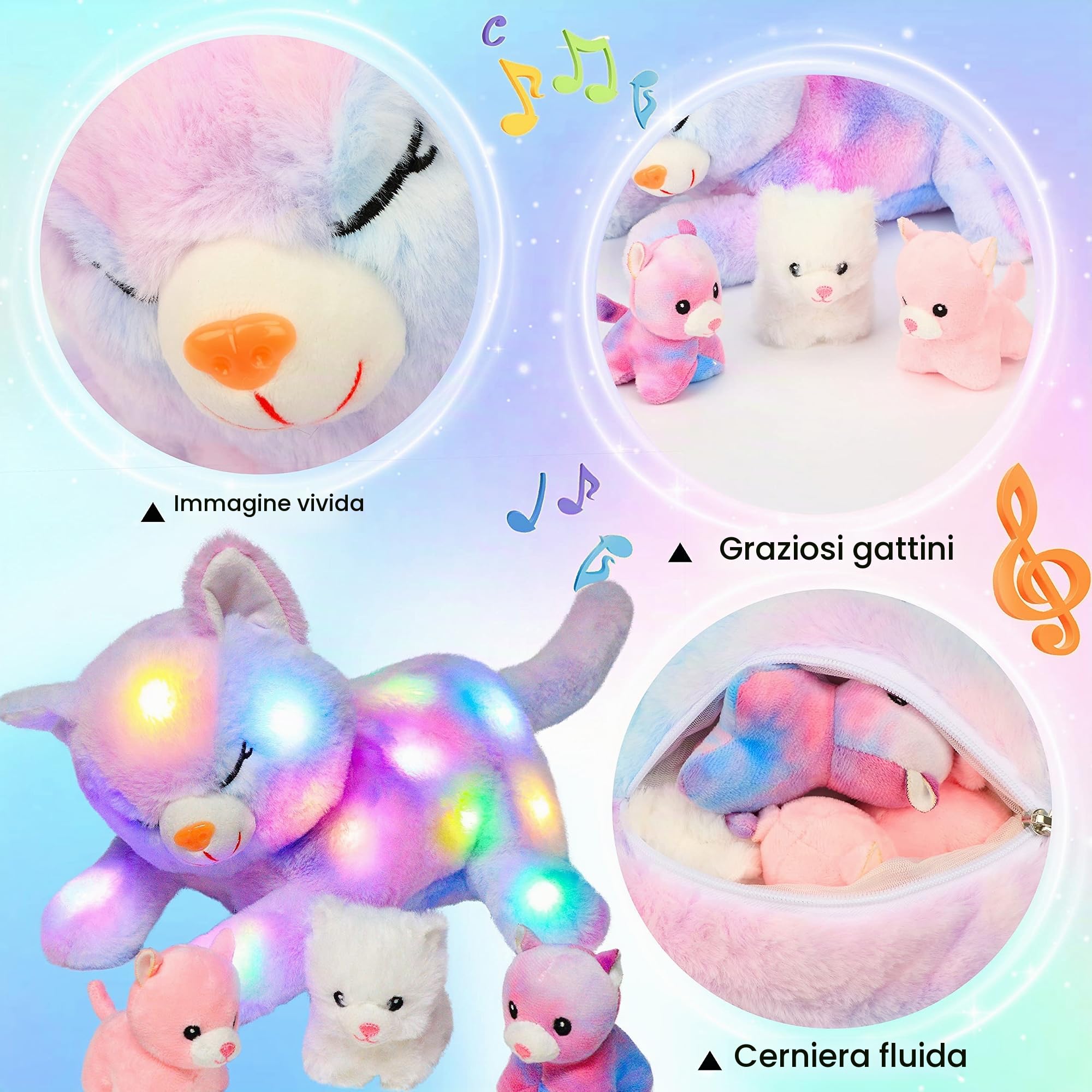 Hopearl Giocattoli di peluche a LED con 3 gattini nella pancia, regalo per bambini e bambine, arcobaleno, 45 cm
