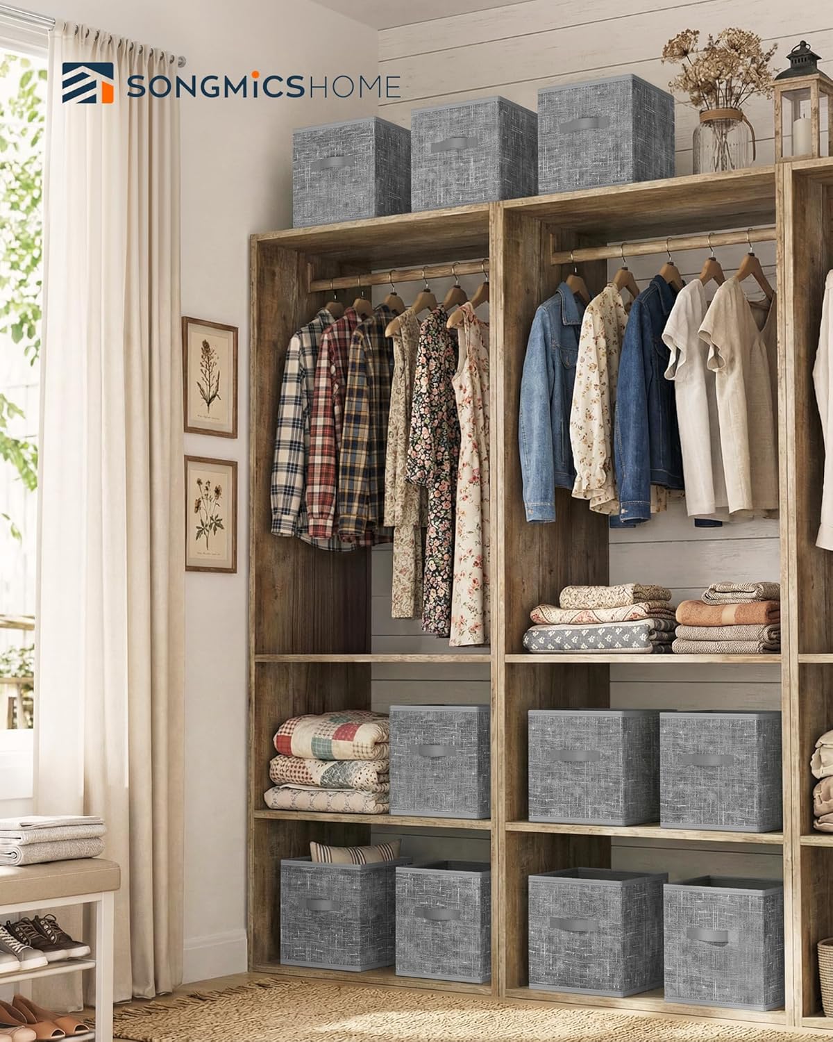 SONGMICS HOME Foldable Storage Cubes Set of 10, Fabric Shelf Organizer Bins with Handles, Closet Storage Boxes for Clothes, 10.4 x 10.4 x 11.2 Inches, Gray