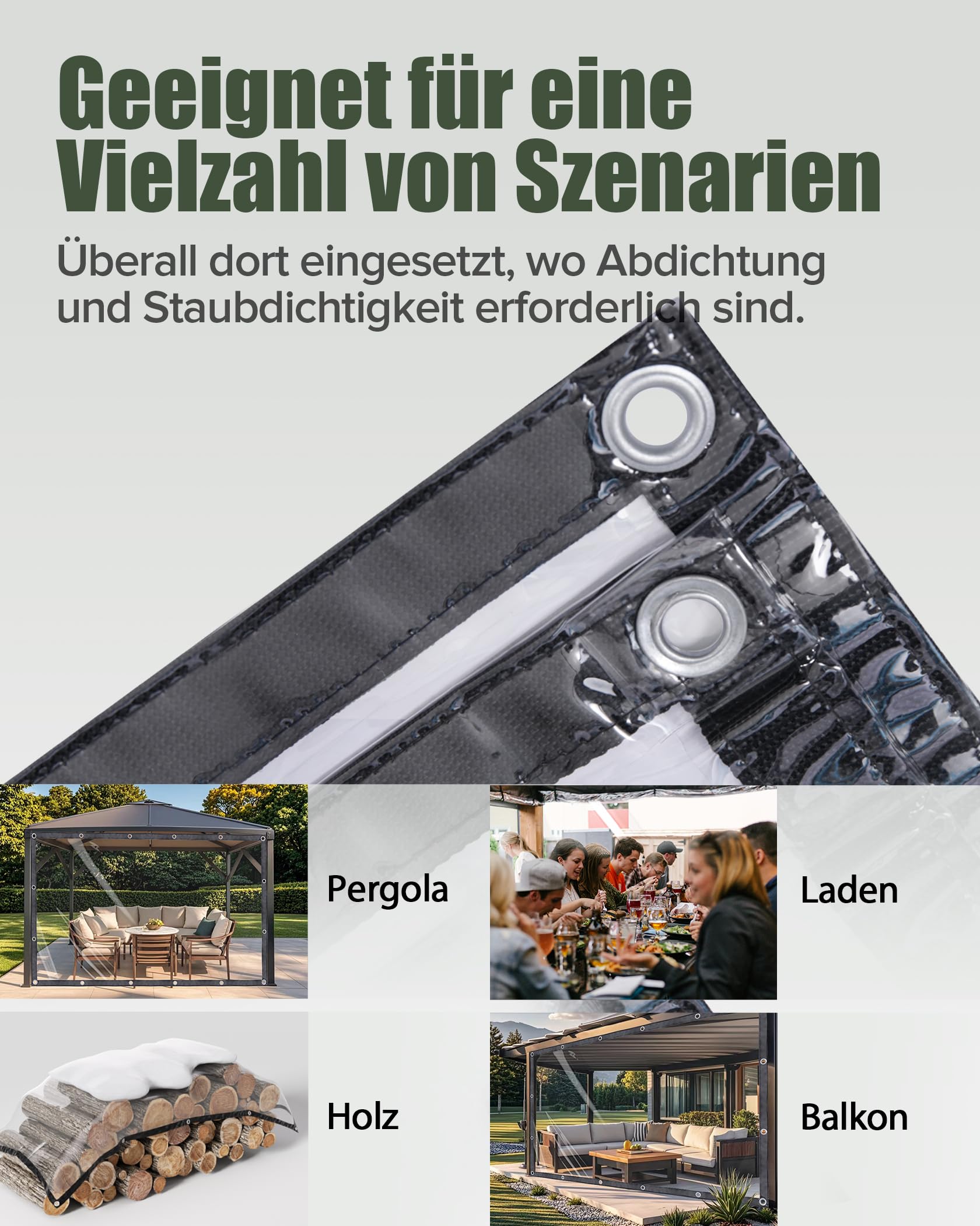 2x2m Transparente Plane mit Ösen，420g/m² Durchsichtige Abdeckplane，wasserdichte Abdeckfolie als Regen-, Wind- und Staubschutz, für Outdoor mit Seil und Kabelbindern