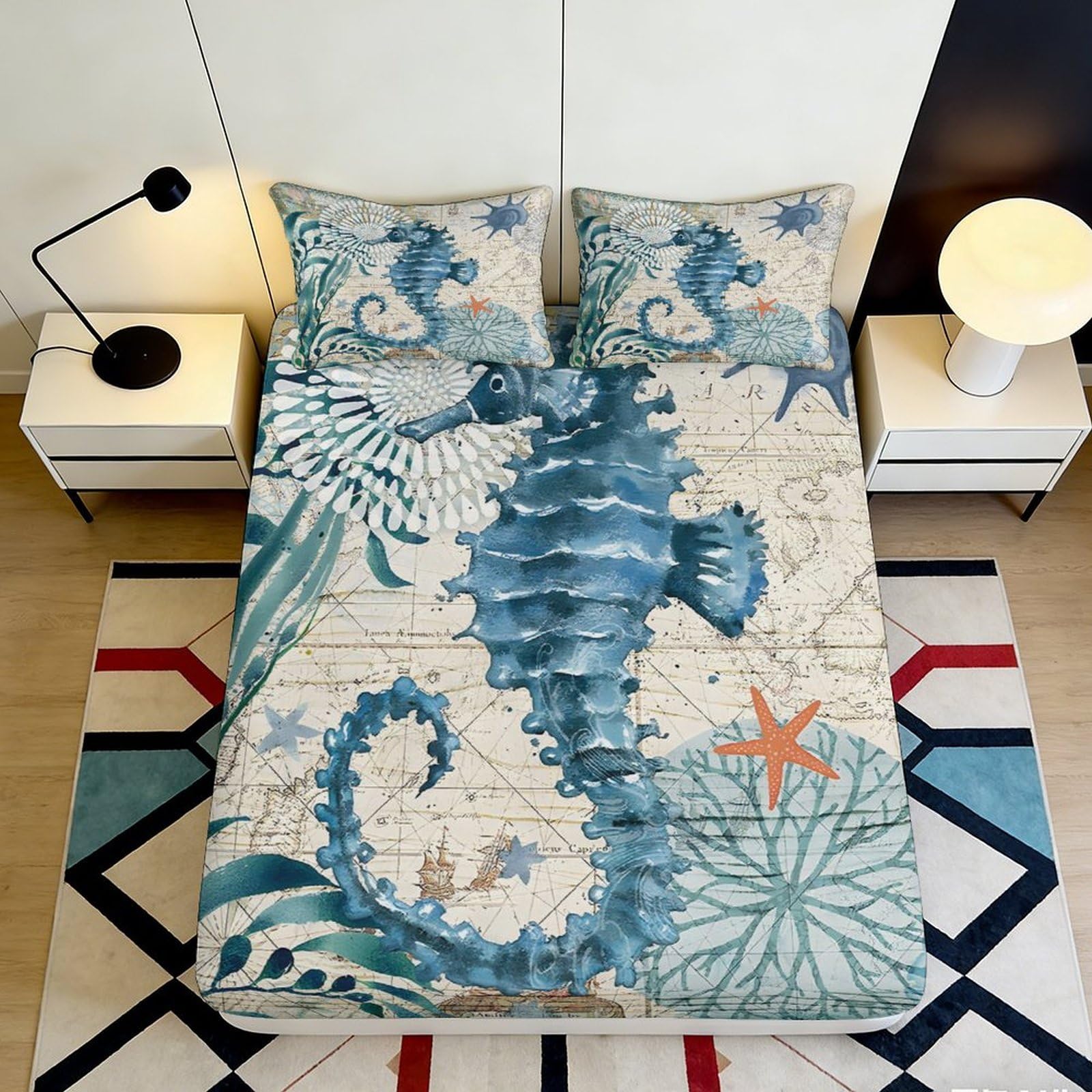 3D Printed Ocean Map Fitted Sheet Microfiber Seahorse Starfish Mattress Cover for Bedroom Guest Room Decor UK 200x200x25cm