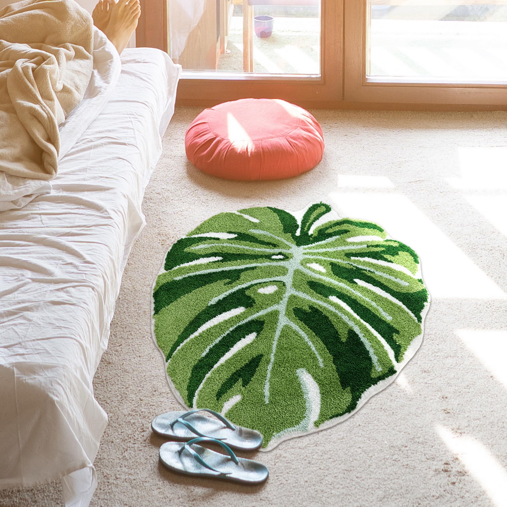Panstar Green Leaf Mat, Large Monstera Cute Non Slip Palm Shaped Plush Fun Kitchen, Bathroom Bathtub Rugs Machine Washable: 36" x 43"