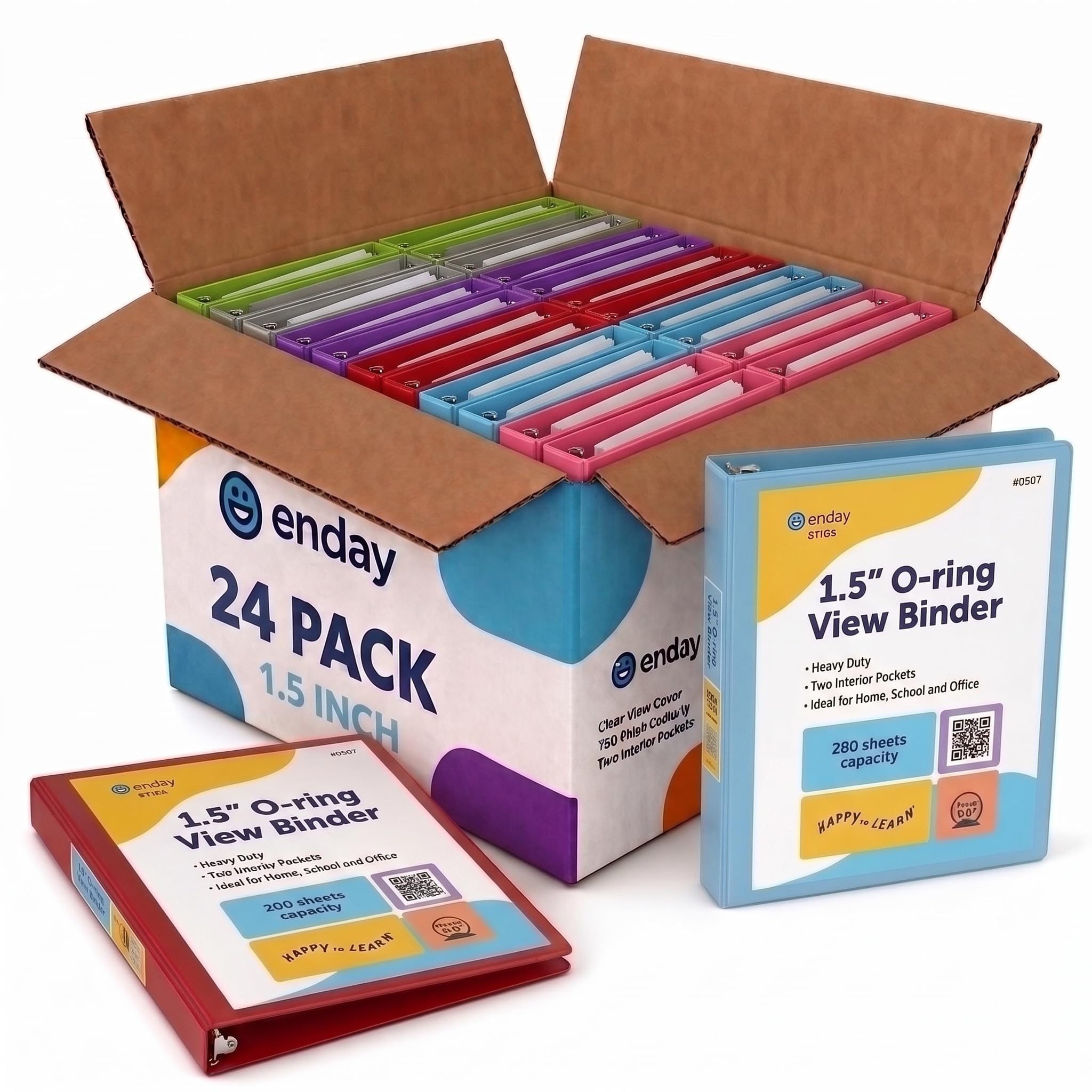 Enday Lot de 24 classeurs à 3 anneaux de 3,8 cm - Couleurs assorties - Classeur de présentation à 3 anneaux avec poches - Fournitures en vrac robustes pour dossiers scolaires et de bureau