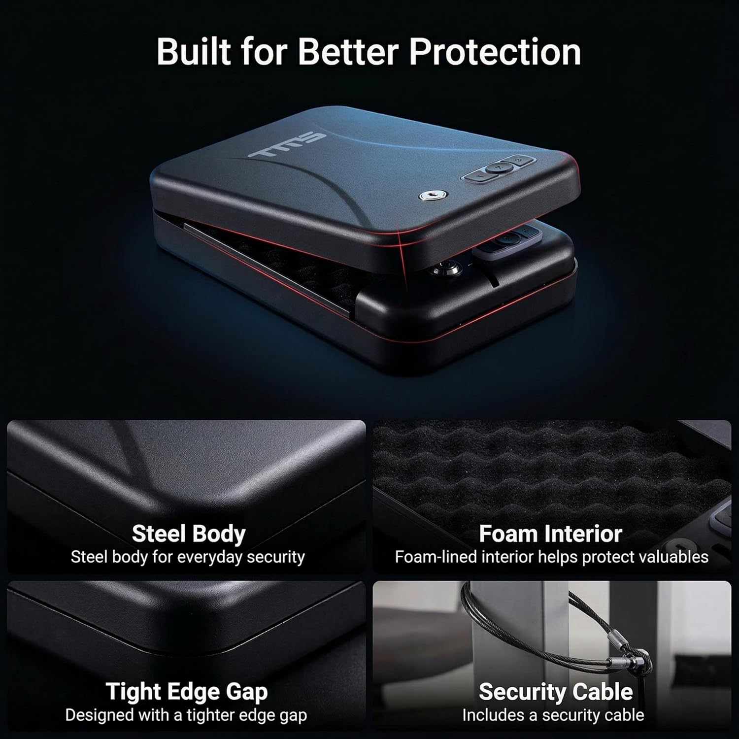 TMS Portable Pistol Safe with Backlit Keypad, 3-8 Digit Passcode & Backup Keys, Travel Gun Safe with Security Cable, Compact Handgun Lock Box for Car, Nightstand, Hotel