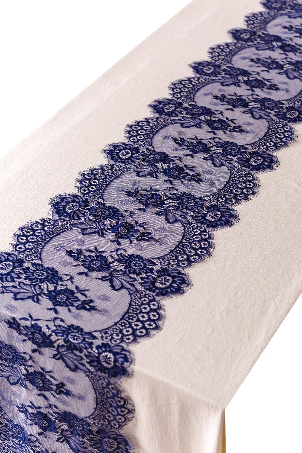 Crisky 14" x 120" Navy Blue Lace Table Runners Lace Overlay with Rose Vintage Embroidered, Thin, Rustic Romantic Wedding Decor, Bridal Baby Girl Shower Decoration