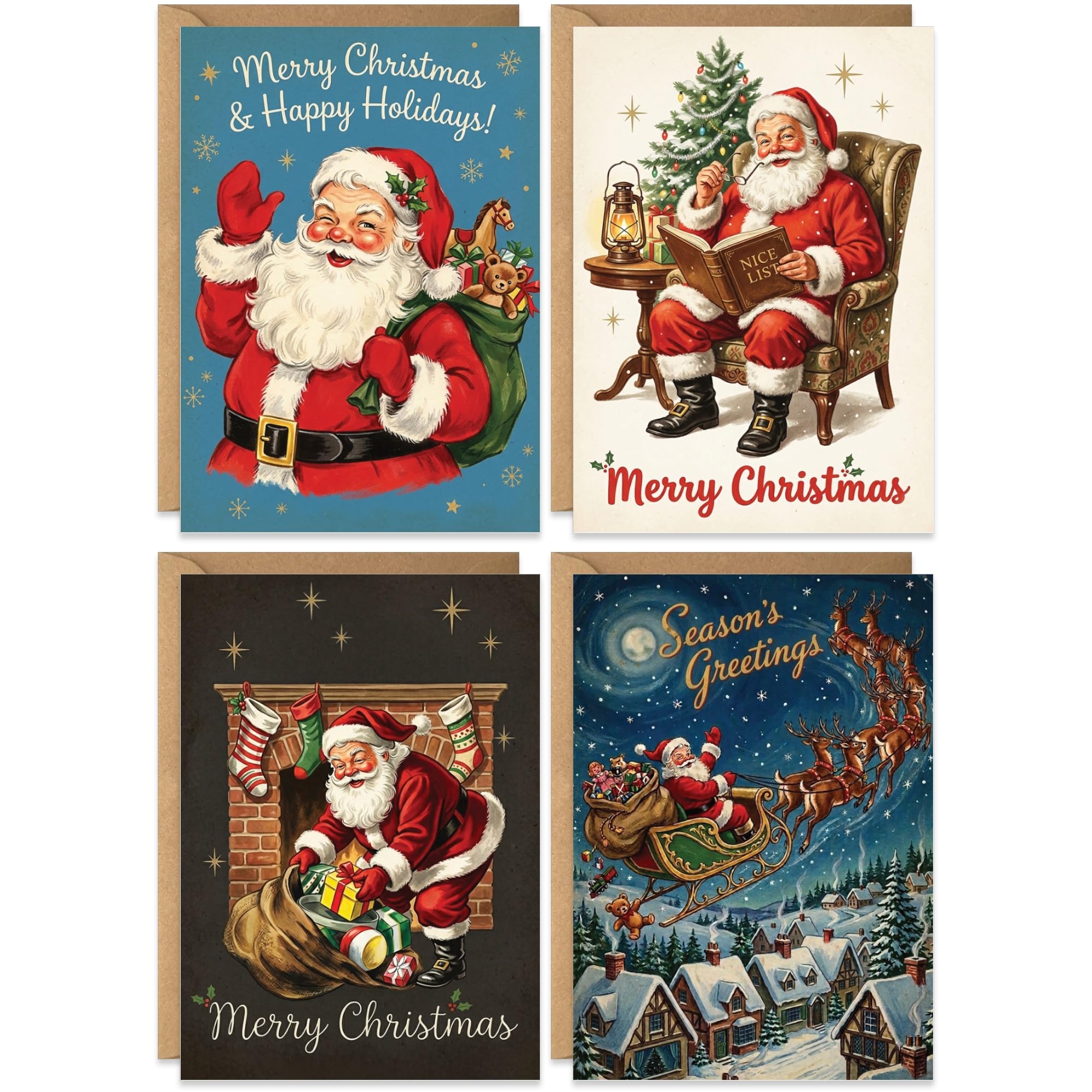 20 Christmas Cards, Festive Vintage Santa Claus Design, Bulk Xmas Cards, 4 Designs with Envelopes - For Friends, Family, Colleagues, Kids, Boys & Girls, 4x6