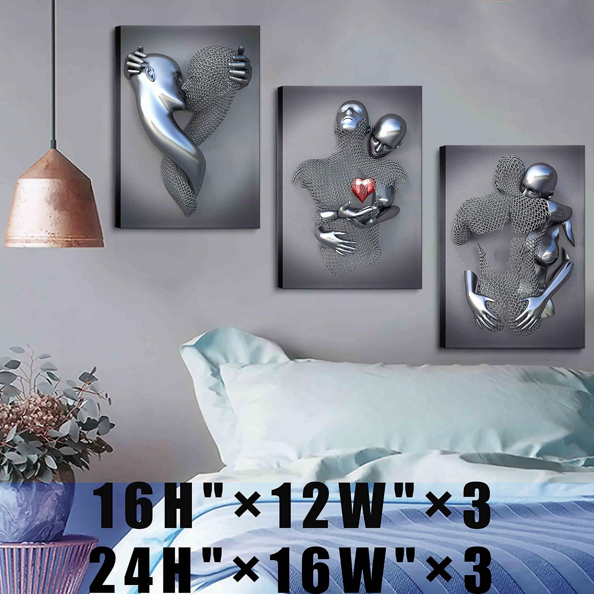 Arte da parete con cornice per camera da letto effetto metallo 3D amore cuore coppia decorazione artistica da parete per soggiorno 3 pezzi stampe moderne astratte grigio nero e bianco su tela poster