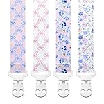 Stadela Baby Pacifier Clip Holder - Girl 4 Pack Gift Set - Vintage Floral French Granmillenial Ribbons Bows and Flowers in Pink and Blue