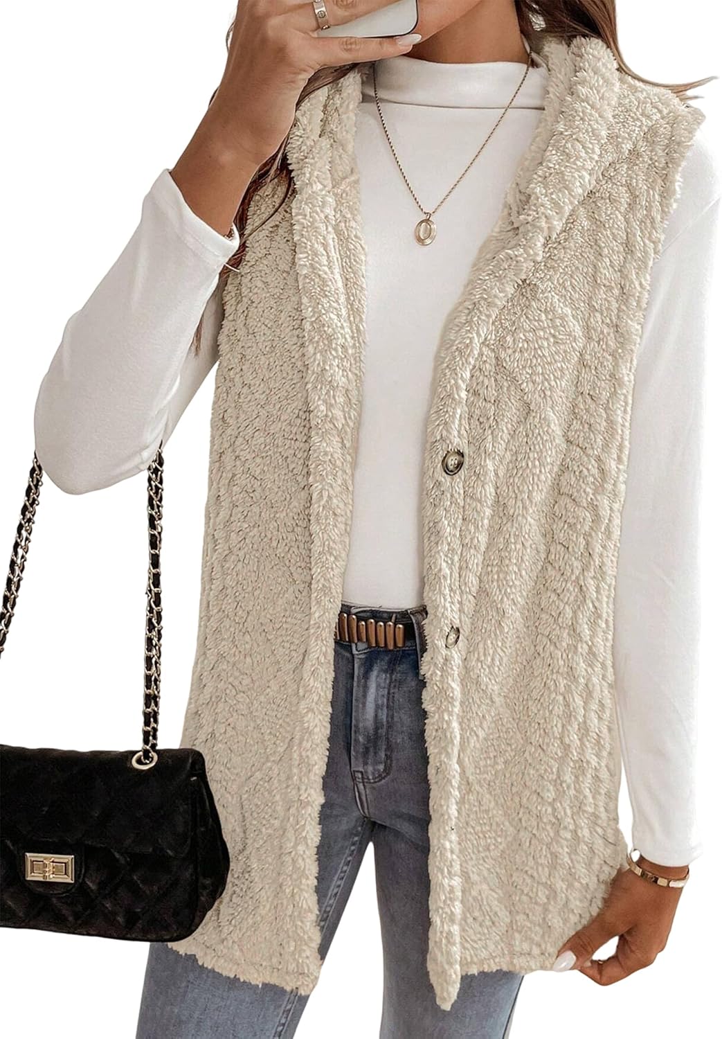 ZAFUL Long Vest for Women Sleeveless Button Down Plush Hooded Vest Winter Outerwear Vest Coat