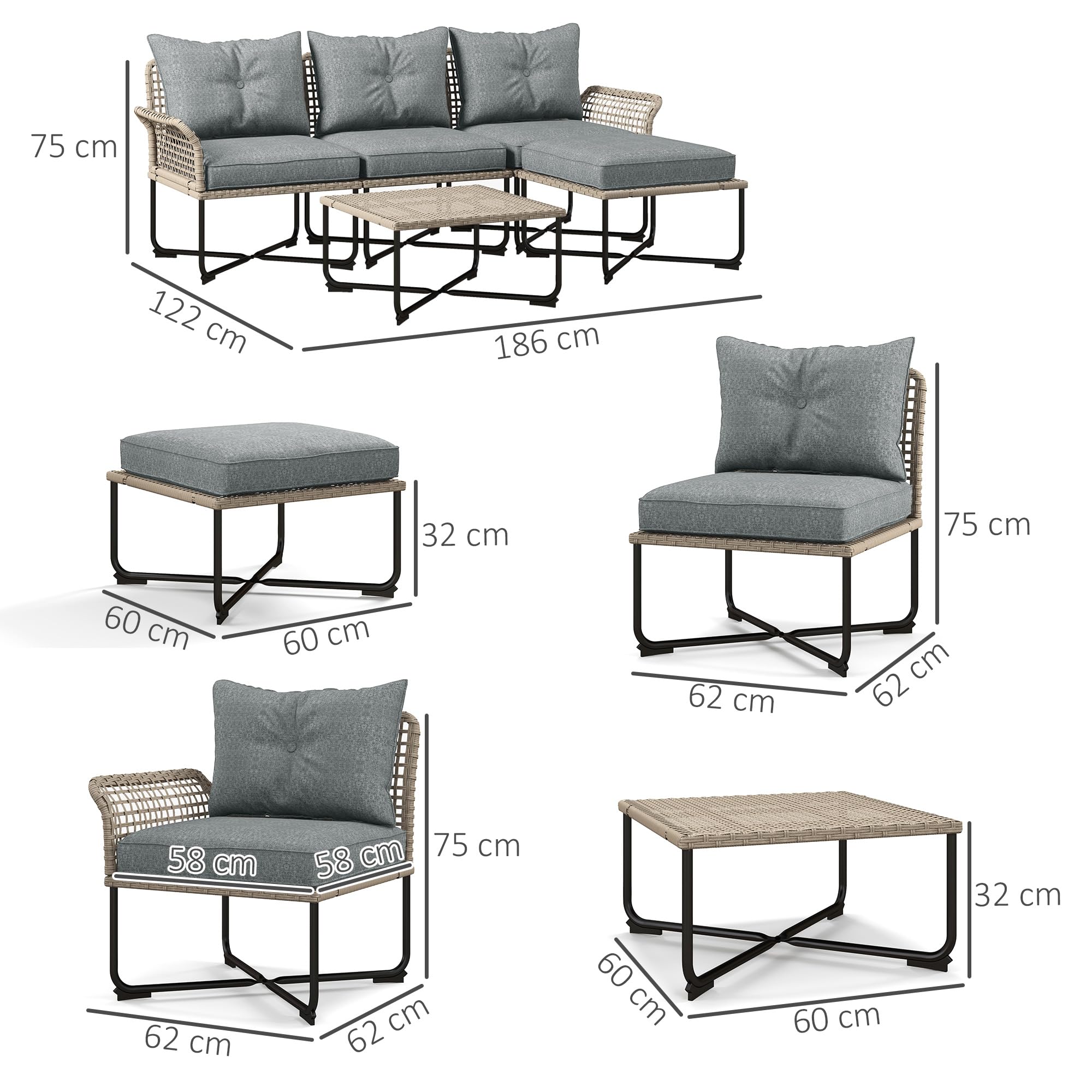 Set da Giardino Outsunny 5 Pezzi Rattan con Sedie e Sgabelli, Esterno Grigio e Legno