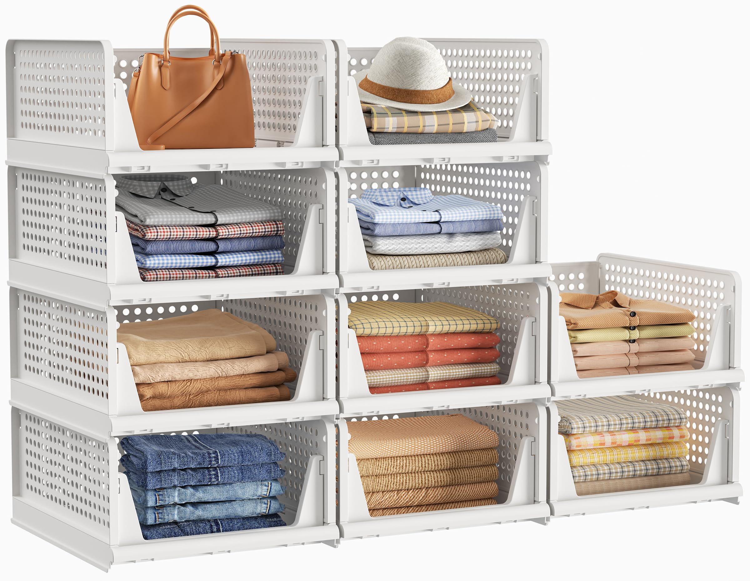 SIMPDIY Wardrobe Storage Organiser, Wardrobe Shelves, 10 Pack Stackable Storage Baskets Boxes for Clothes, Folding Plastic Cupboard Organiser for Bedroom Wardrobe Bathroom