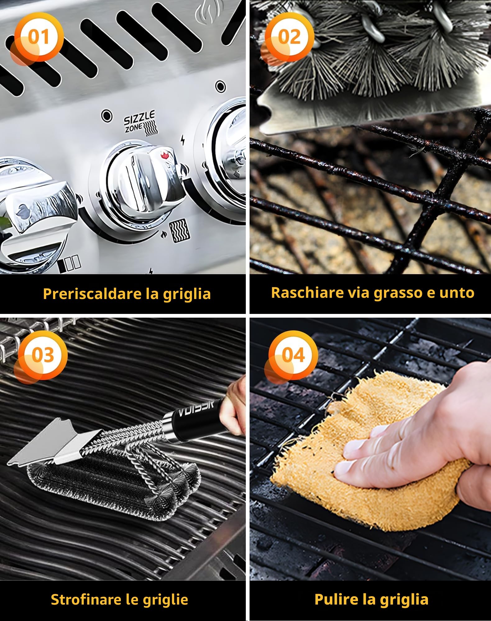 Spazzola Barbecue Acciaio Inox con Raschietto, Pulizia 360°, Manico Isolante Termico Extra Lungo